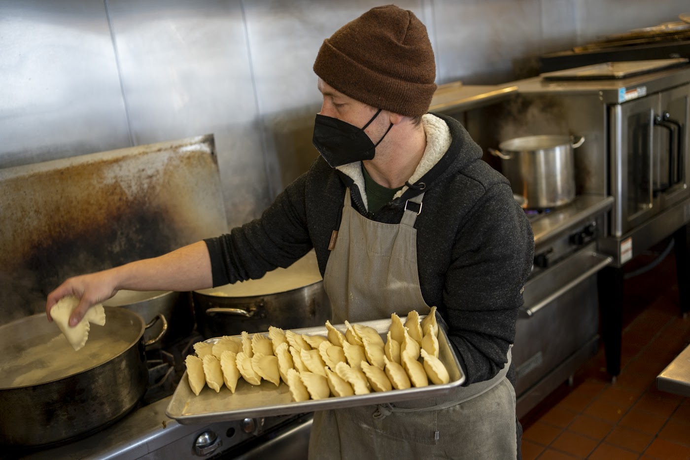 Ryan Dziki at Wild Fox Pierogi making traditional and ‘Bunnicula” curried carrot and parsnip pierogi.