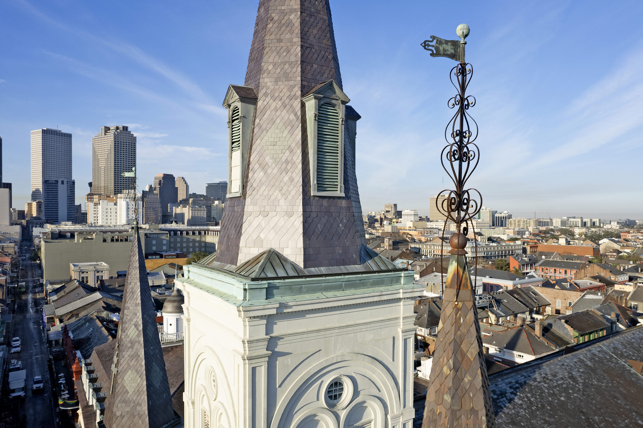 Decorative iron pieces atop the two flanking spires on St. Louis Cathedral. (Photo by Michael DeMocker)