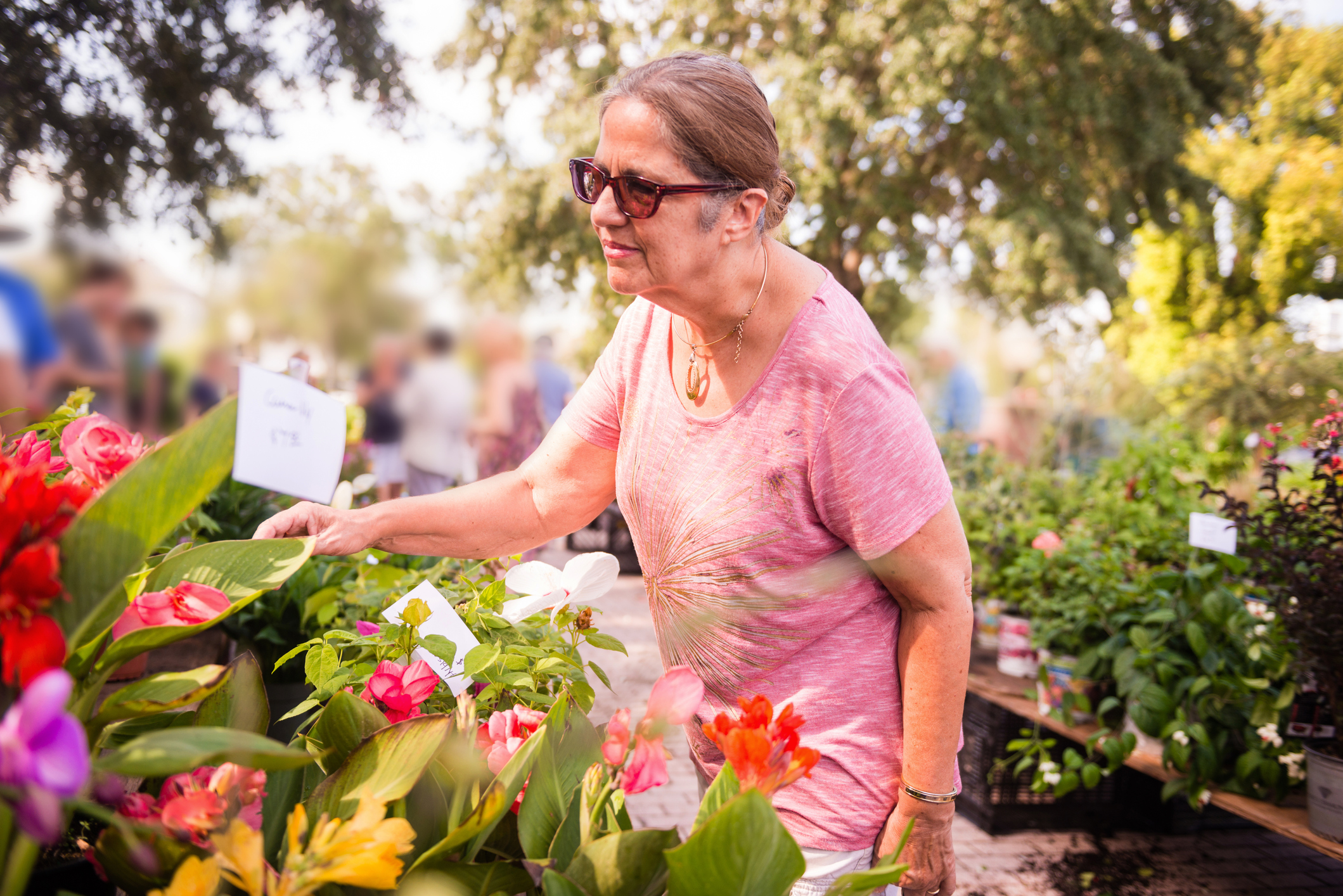 A senior aged Puerto Rican woman admires colorful flowers for sale at the weekend farmers market in Winter Park, Florida.