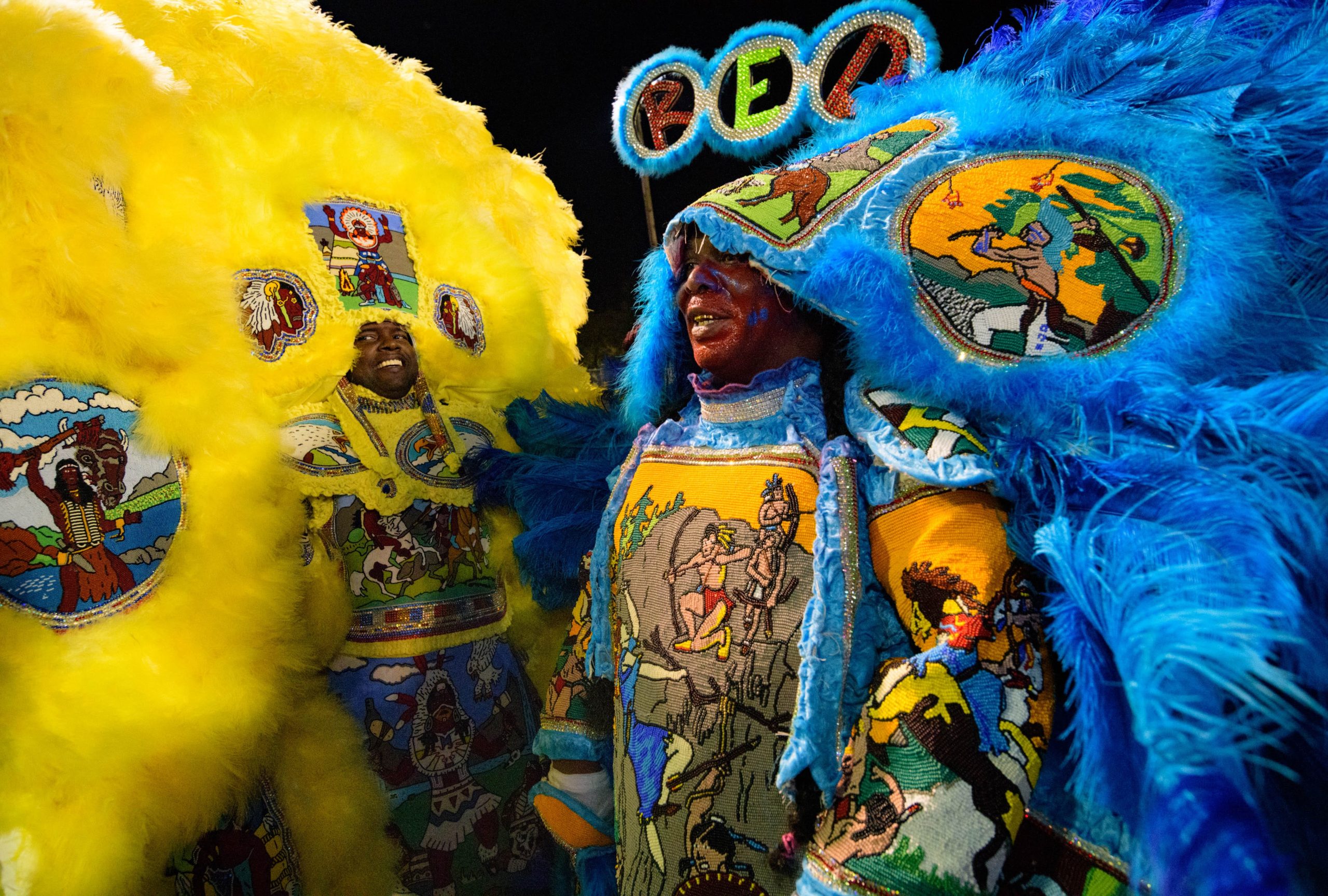 Mardi Gras Indians Big Chiefs meet on St. Joseph's Night in A. L. Davis Park in New Orleans, La. Tuesday, March 19, 2019. Photo by Matthew Hinton