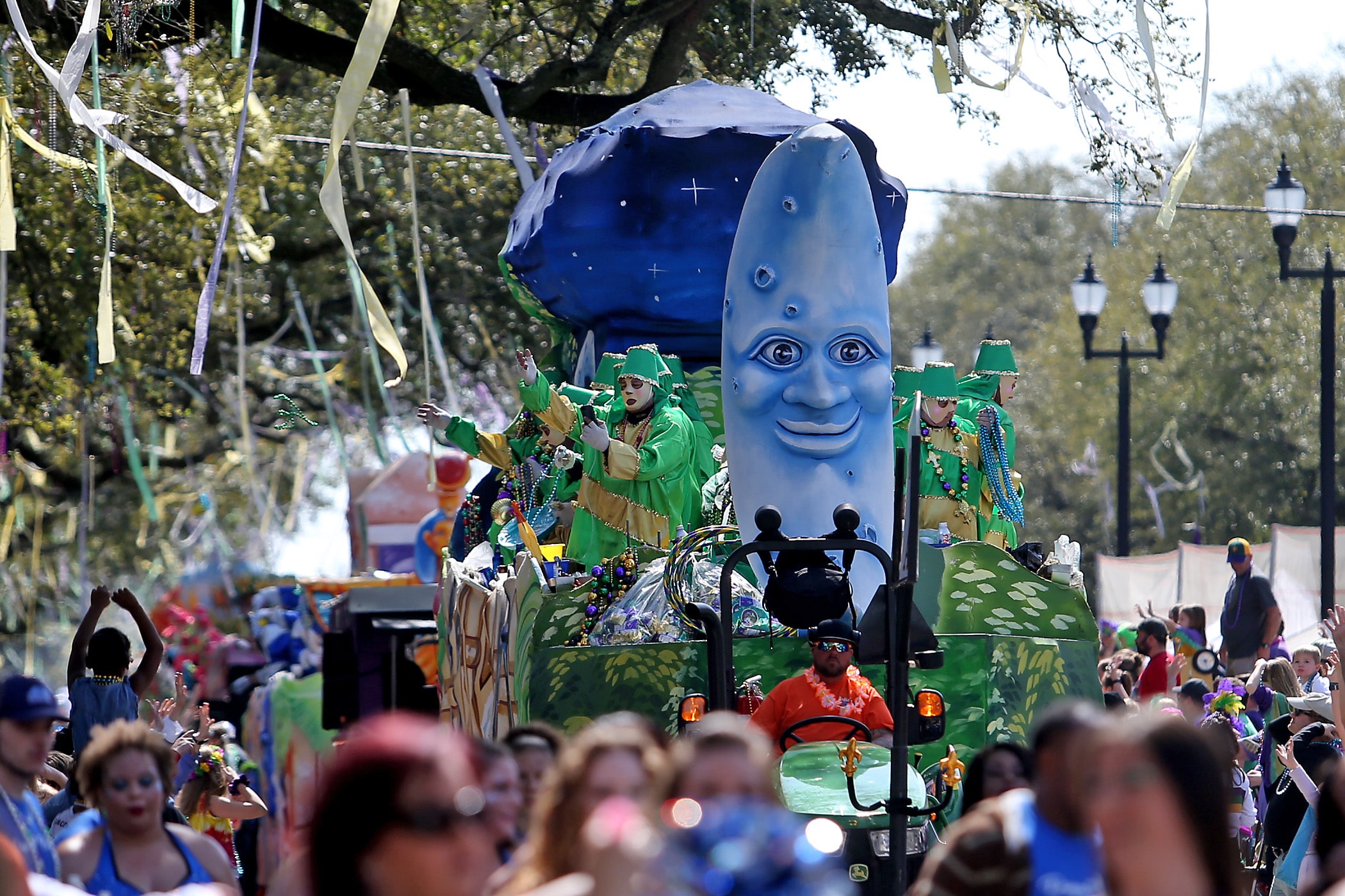 A float comes up Napoleon Avenue as the 320 riders of the Krewe of Okeanos roll down the Uptown route with their parade entitled “Oceans Honors the Gods” on Sunday, February 23, 2020. (Photo by Michael DeMocker)