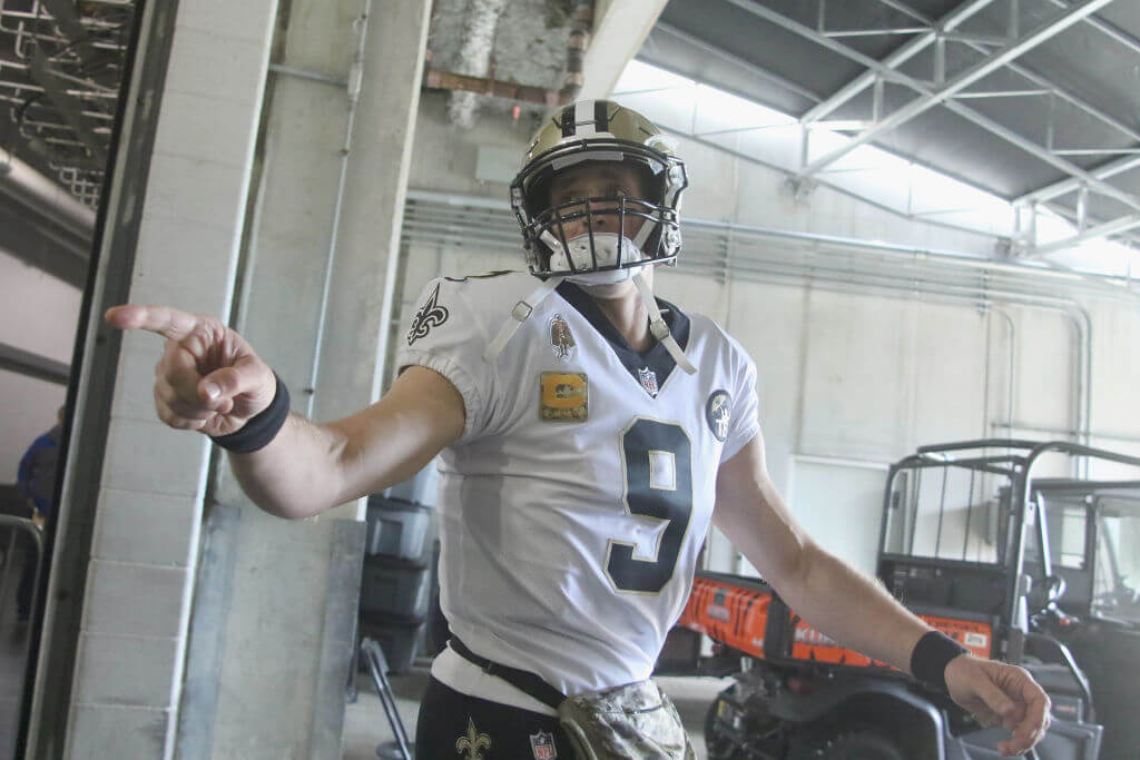 CINCINNATI, OH - NOVEMBER 11:  Drew Brees #9 of the New Orleans Saints takes the field for the game against the Cincinnati Bengals at Paul Brown Stadium on November 11, 2018 in Cincinnati, Ohio. The Saints defeated the Bengals 51-14.  (Photo by John Grieshop/Getty Images)