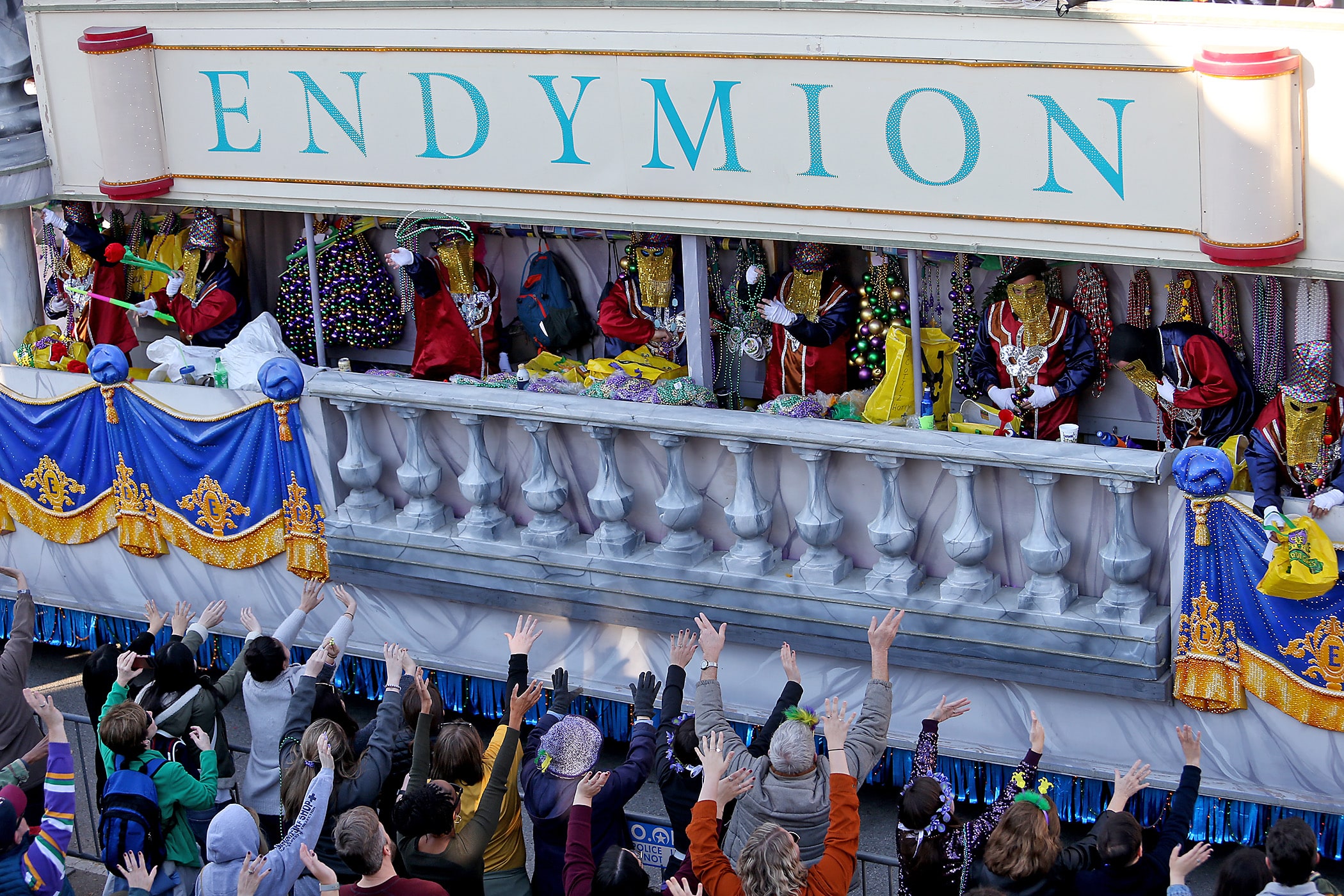 The 3,200 men of the superkrewe Endymion roll down Orleans Avenue with their 54th annual parade entitled “Endymion’s Historic Dynasties” on Saturday, February 22, 2020. (Photo by Michael DeMocker)