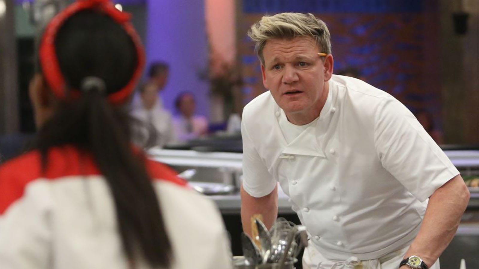 HELL'S KITCHEN: L-R: Contestant Barbie with host / chef Gordon Ramsay in the all-new Tower of Terror episode of HELLS KITCHEN airing Friday, Oct. 13 (8:00-9:01 PM ET/PT) on FOX. (Photo by FOX via Getty Images)