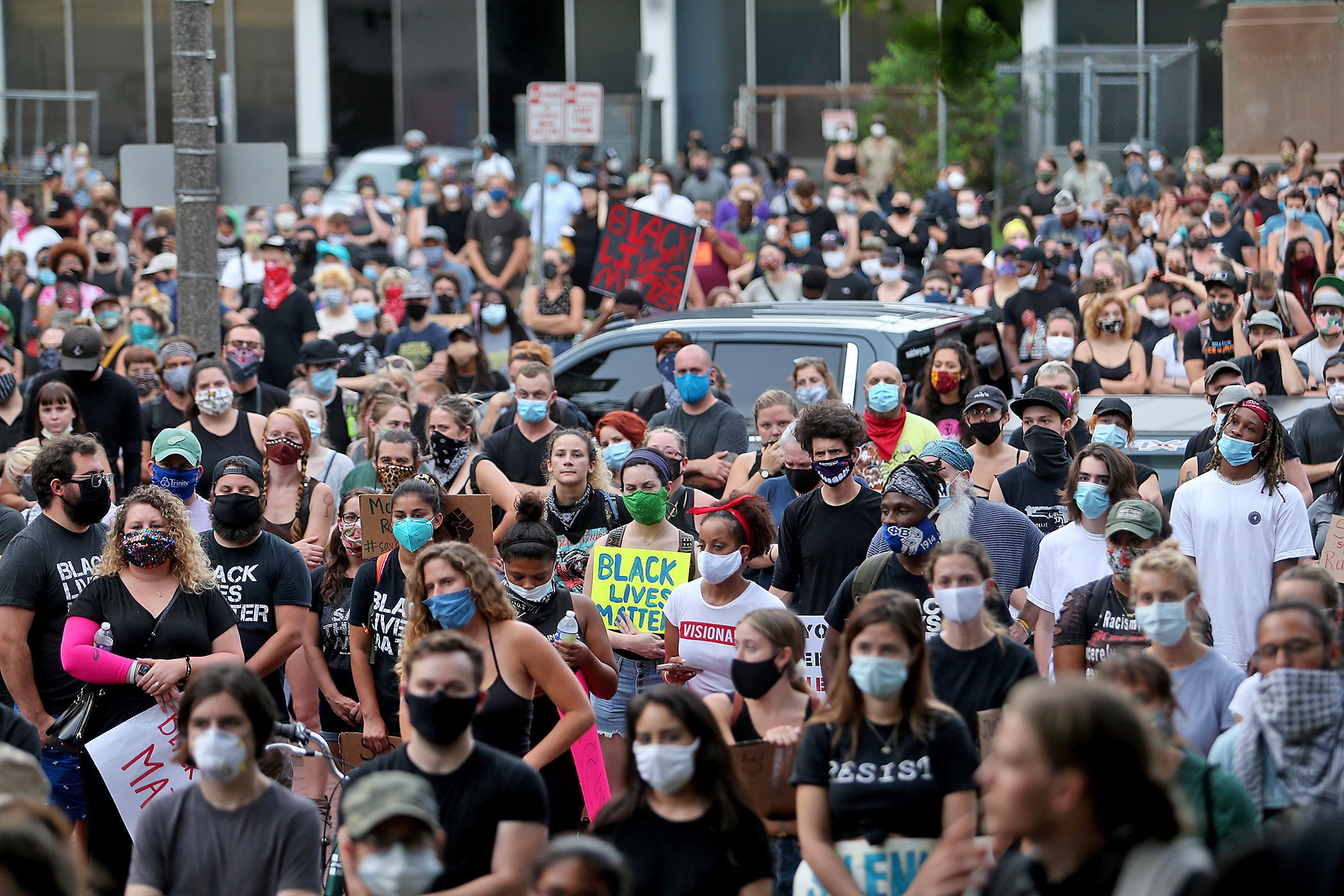 Protestors gather in Duncan Plaza to protest the police killing of George Floyd and others during a rally on Wednesday, June 3, 2020. (Photo by Michael DeMocker)