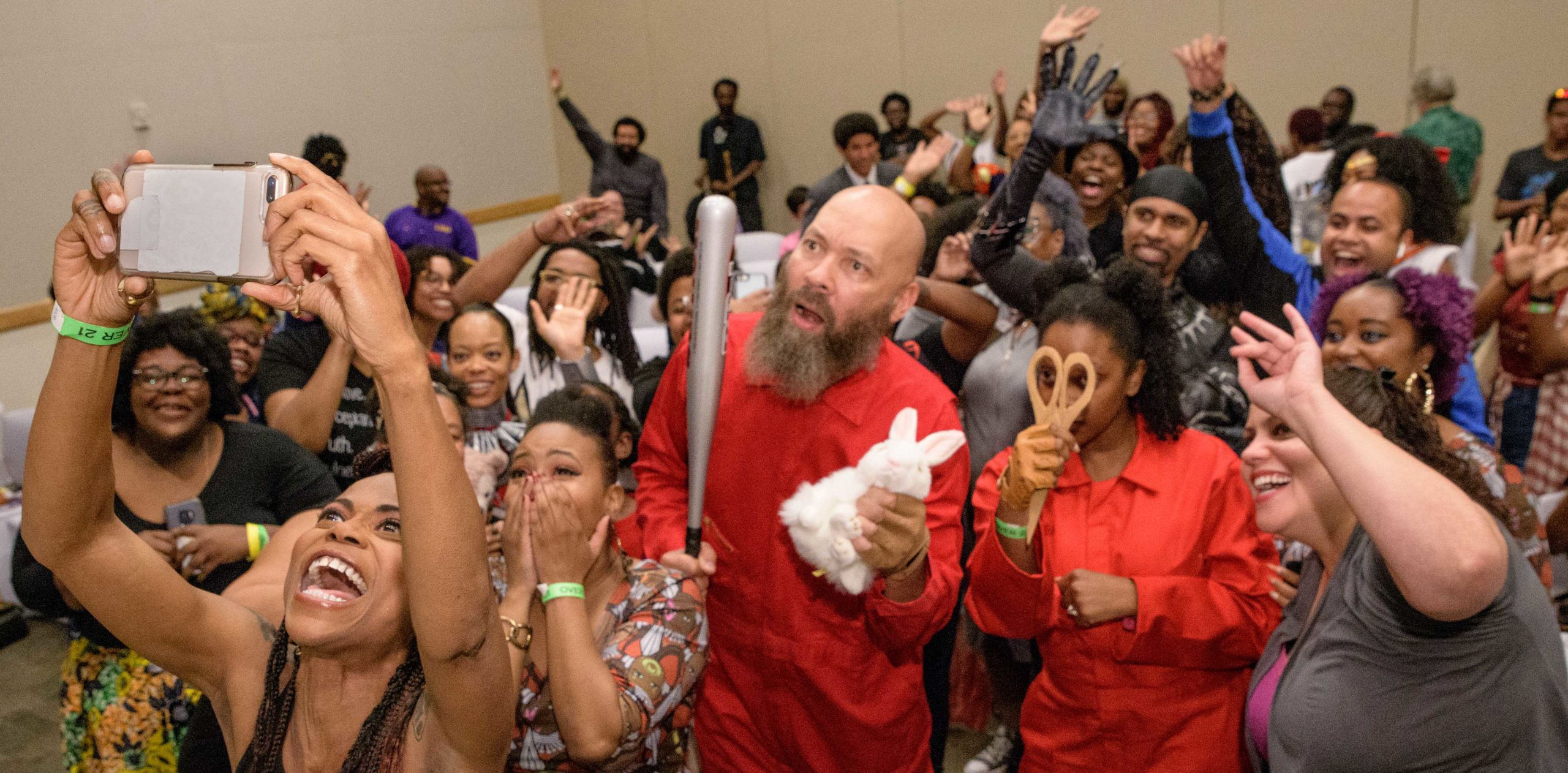 Hannah Beachler, the Academy Award winning film production designer for the movie Black Panther, left, takes a photo with attendees of Blerdfest, New Orleans' first ever black nerd convention, that celebrates, anime, comics, cosplay, and sci-fi at Algiers Auditorium in New Orleans, La. Saturday, April 6, 2019. Photo by Matthew Hinton