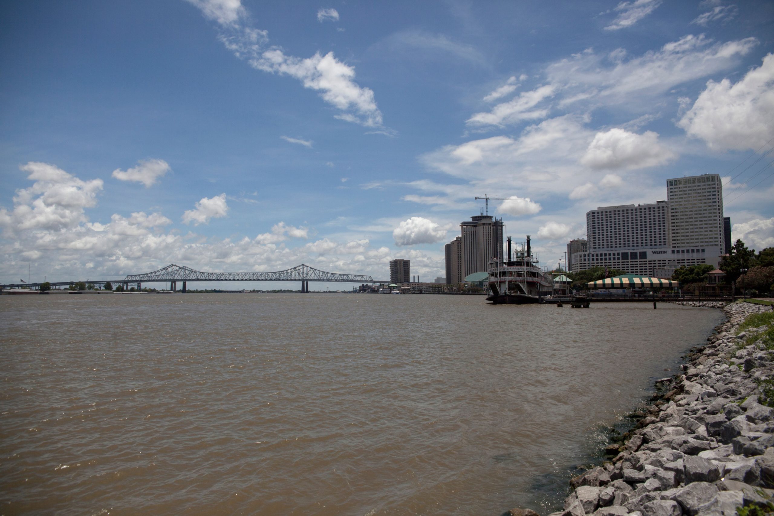 The Mississippi River is seen in New Orleans as tropical storm Barry approaches on July 11, 2019. - Tropical storm Barry barreled toward rain-soaked New Orleans on July 11 as the city hunkered down for an ordeal that evoked fearful memories of 2005's deadly Hurricane Katrina. (Photo by Seth HERALD / AFP)        (Photo credit should read SETH HERALD/AFP/Getty Images)
