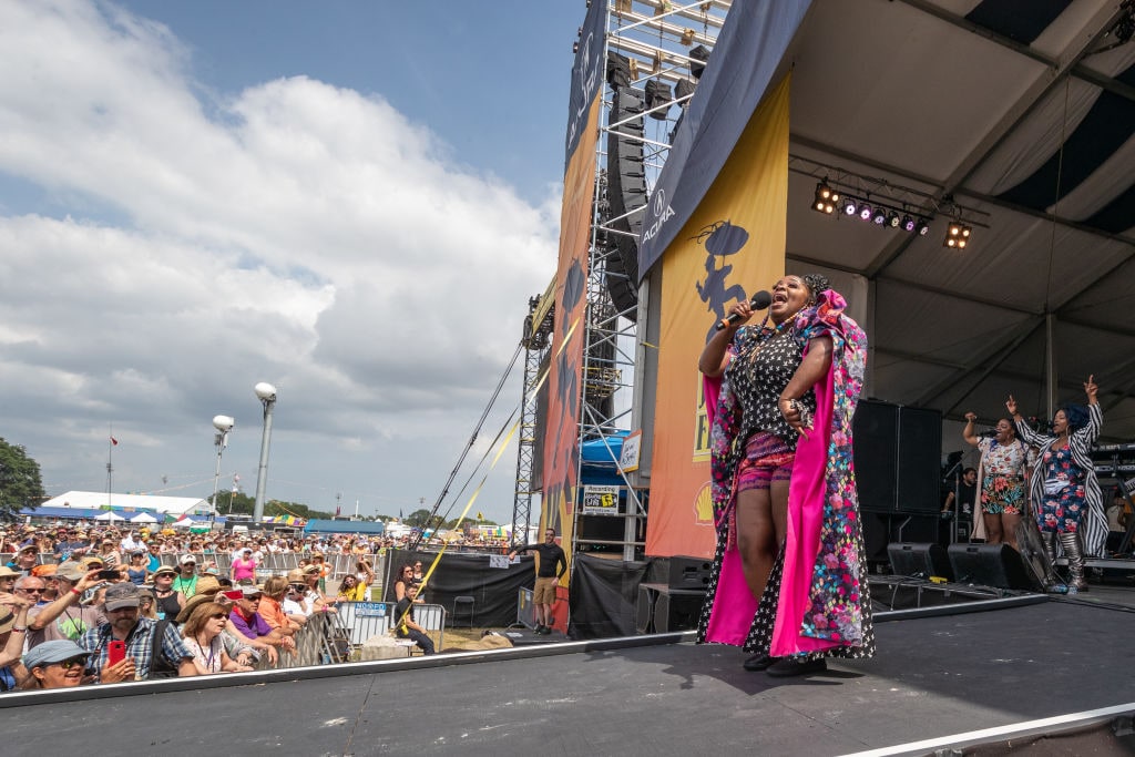 NEW ORLEANS, LA - MAY 04:  American funk and soul musical group "Tank and the Bangas" performs on the Accura Stage during the 2018 New Orleans Jazz &amp; Heritage Festival 2018 at Fair Grounds Race Course on May 4, 2018 in New Orleans, Louisiana.  (Photo by Douglas Mason/Getty Images)
