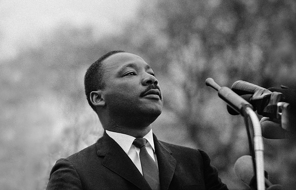 MONTGOMERY, AL - MARCH 25:  Dr. Martin Luther King, Jr. speaking before crowd of 25,000 Selma To Montgomery, Alabama civil rights marchers, in front of Montgomery, Alabama state capital building. On March 25, 1965 in Montgomery, Alabama. (Photo by Stephen F. Somerstein/Getty Images)