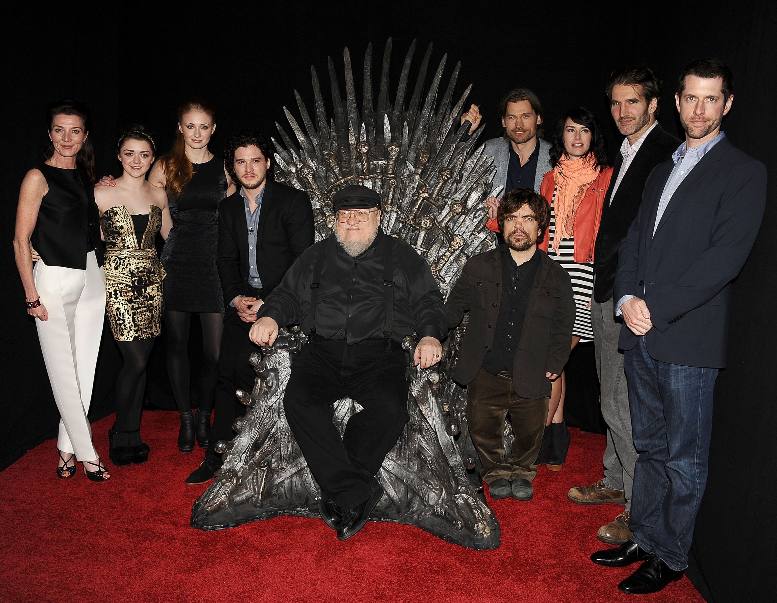 HOLLYWOOD, CA - MARCH 19:  (L-R) Actors Michelle Fairley, Maisie Williams, Sophie Turner, Kit Harington, executive producer George R.R. Martin, actors Nikolaj Coster-Waldau, Peter Dinklage, Lena Headey, co-creator/executive producer David Banioff and co-creator/executive producer D.B. Weiss attend an evening with "Game Of Thrones" at TCL Chinese Theatre on March 19, 2013 in Hollywood, California.  (Photo by Jason LaVeris/FilmMagic)