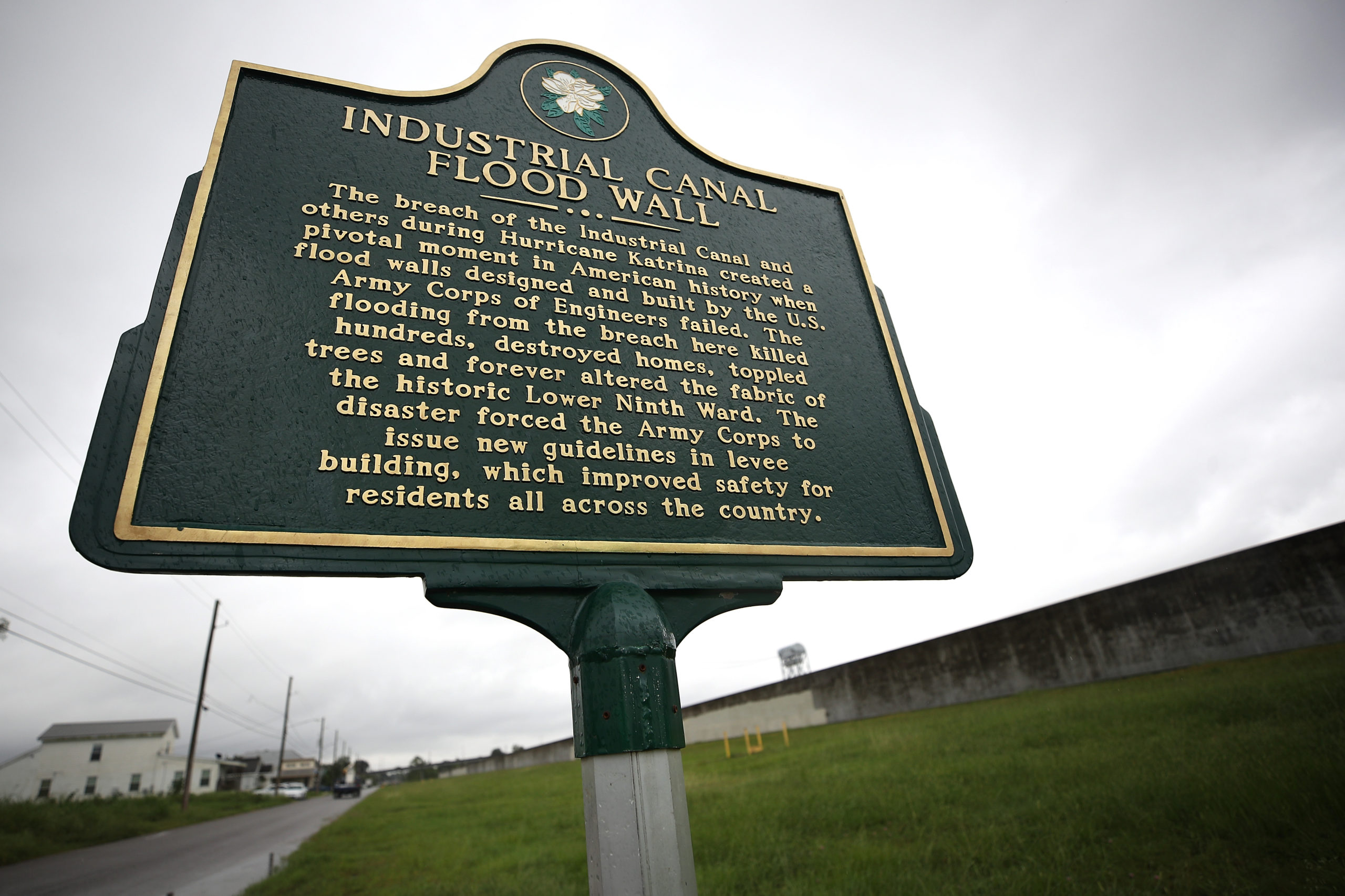 NEW ORLEANS, LA - AUGUST 29:  A marker commemorating the flood during Hurricane Katrina is seen in the Lower Ninth Ward as New Orleans prepares for flooding from Hurricane Harvey on August 29, 2017 in New Orleans, Louisiana.  Today marks 12 years since Hurricane Katrina made landfall which killed at least 1836 people.  (Photo by Chris Graythen/Getty Images)