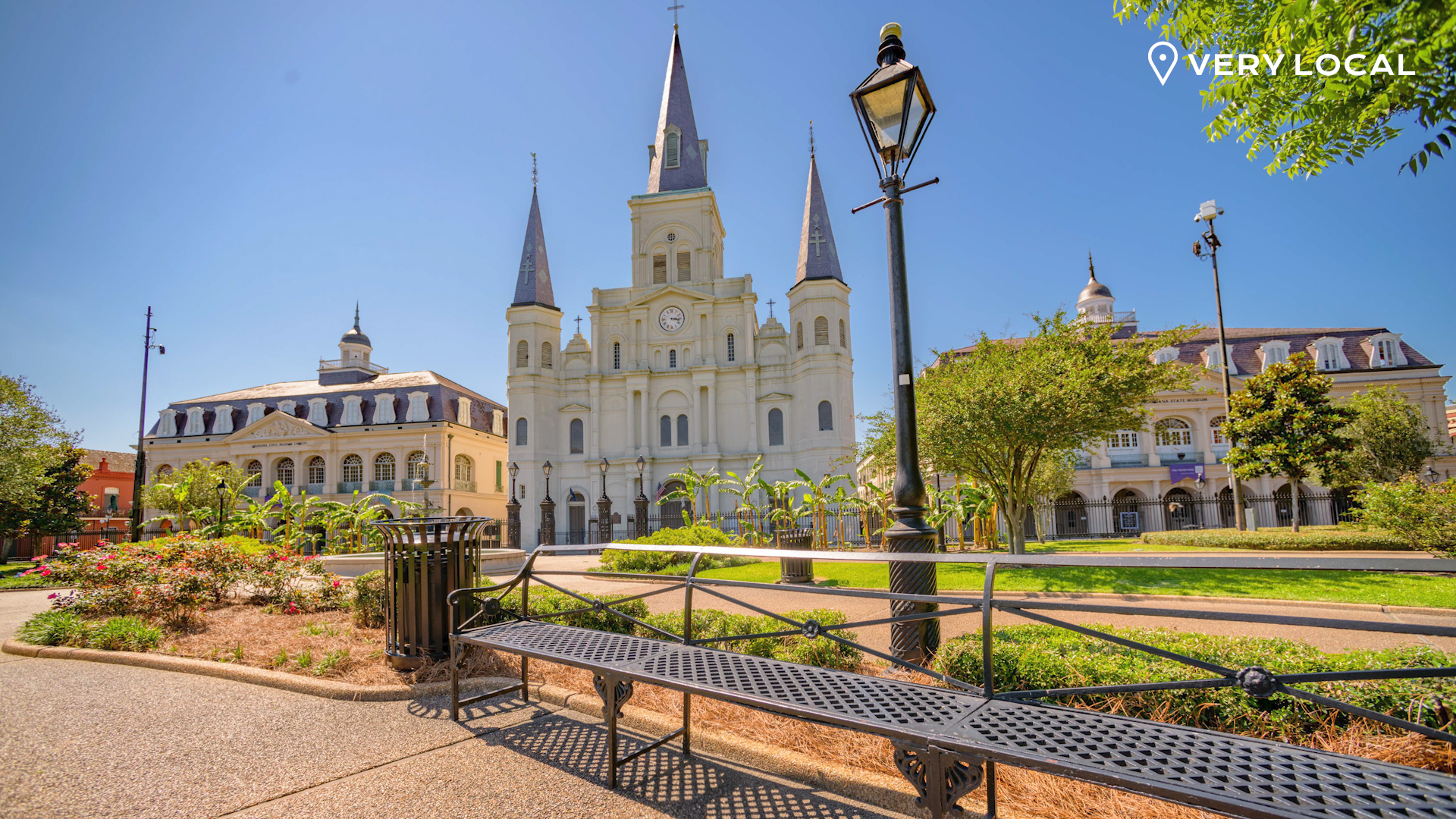 The Cabildo, left, St. Louis Cathedral and the Presbytere are seen in Jackson Square in New Orleans, Thursday, April 30, 2020. Photo by Matthew Hinton