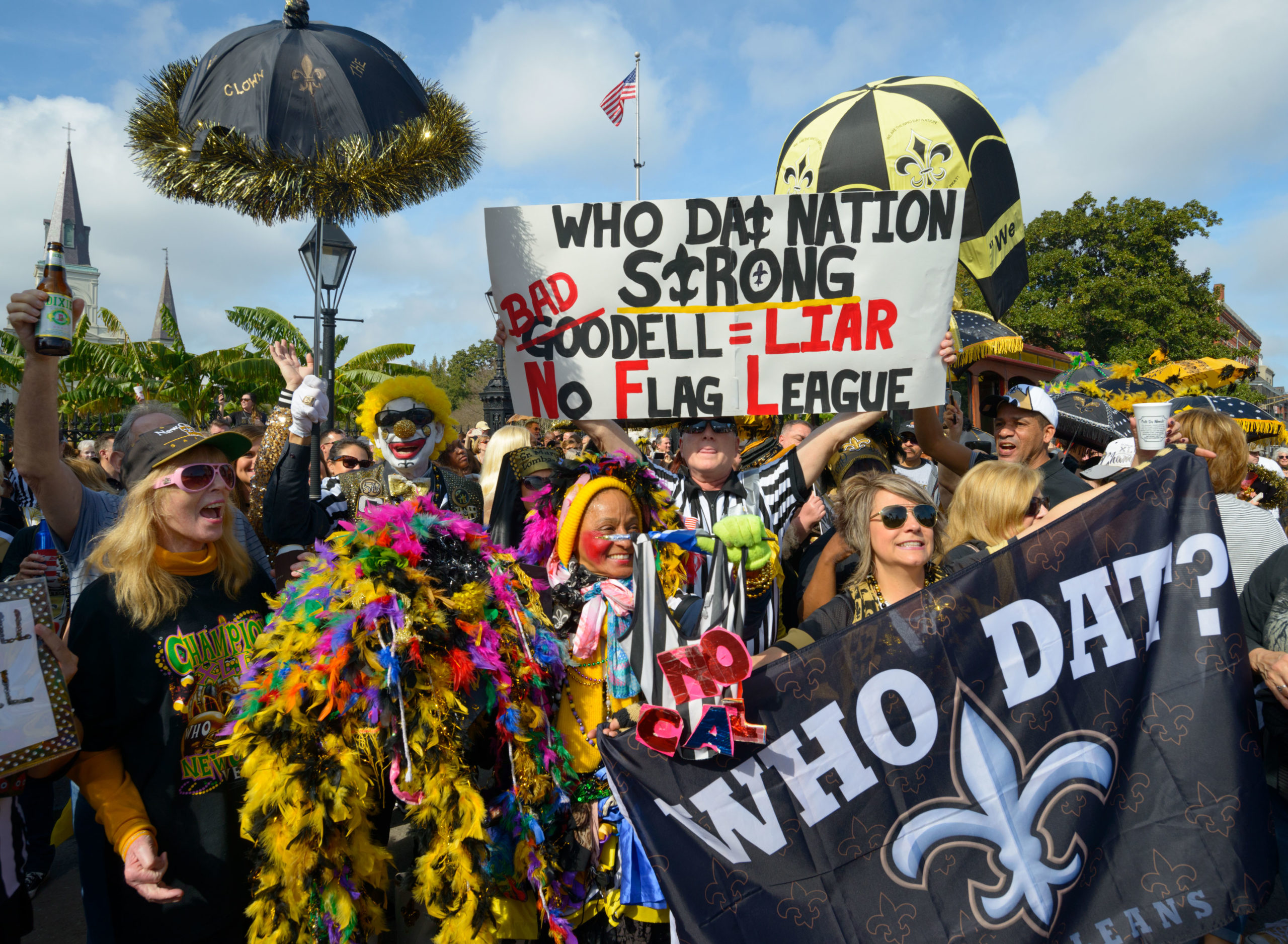 New Orleans Saints fans take part in the Blackout and Gold Second Line Parade, Cheated but Not Defeated, in the French Quarter in New Orleans, La. Sunday, Feb. 3, 2019. The parade protested the pass interference and helmet to helmet hits that were not called in the Saints loss in the NFC Championship to the Los Angeles Rams that NFL later admitted should have been called. The parade was held on Super Bowl Sunday with some fans call for a boycott and blackout of the broadcast of the game Sunday. Photo by Matthew Hinton