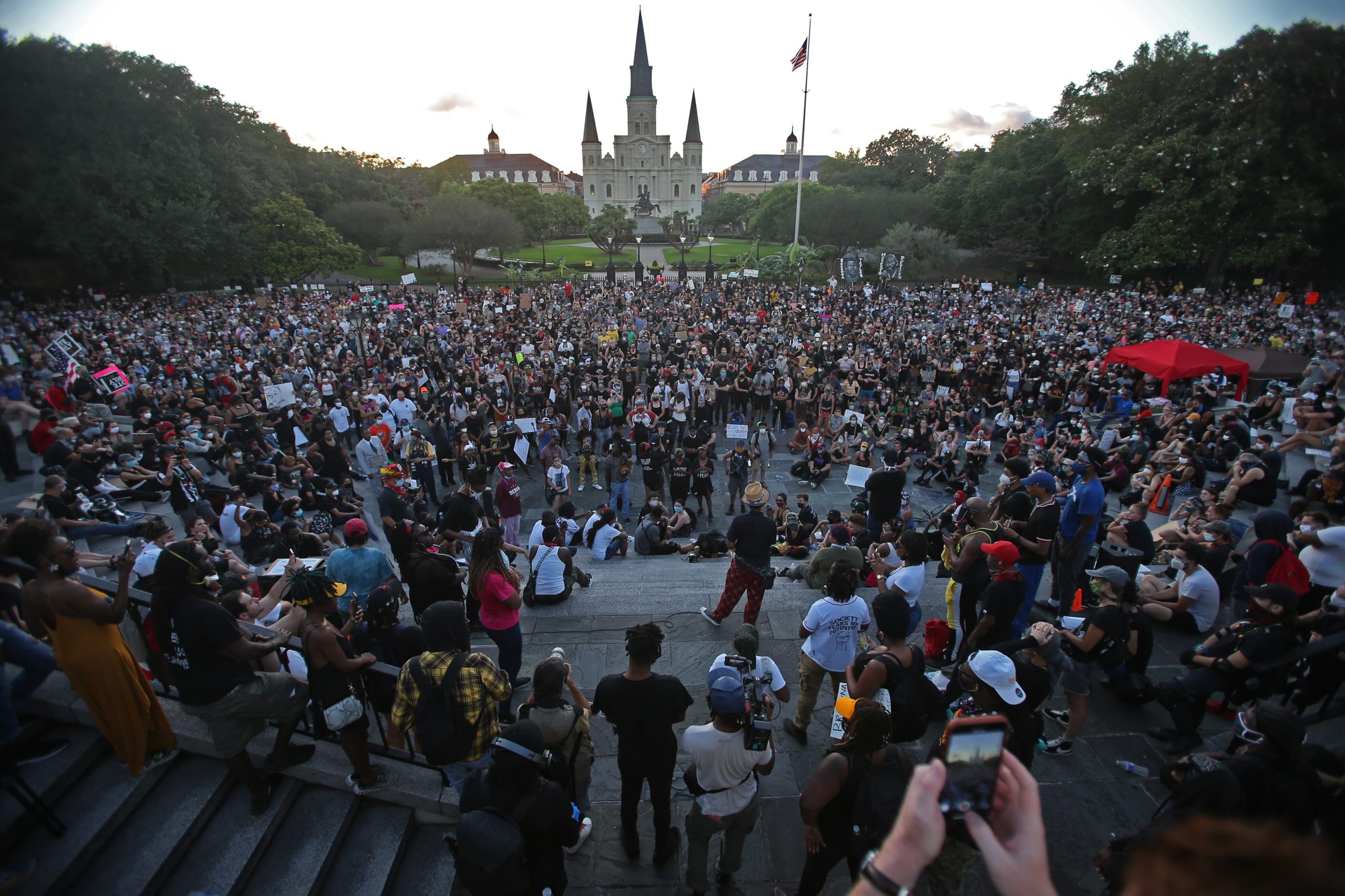 Thousands of people gather on Decatur Street in front of Jackson Square for a rally to protest the killing by police of George Floyd and others. Photographed on Friday, June 5, 2020. (Photo by Michael DeMocker)