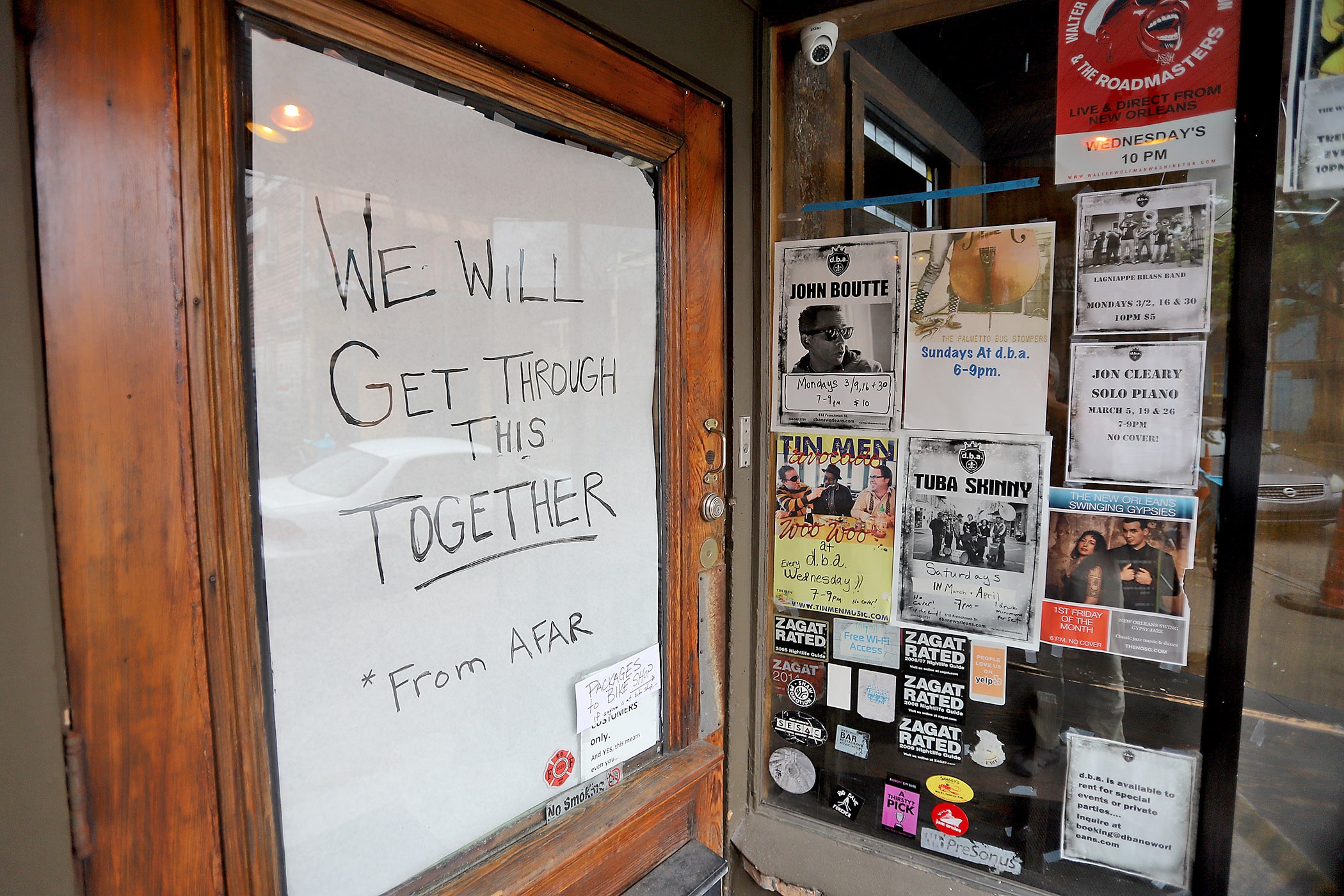 A sign on the window of the closed d.b.a. on Frenchmen Street. Photographed on Saturday, March 21, 2020. (Photo by Michael DeMocker)