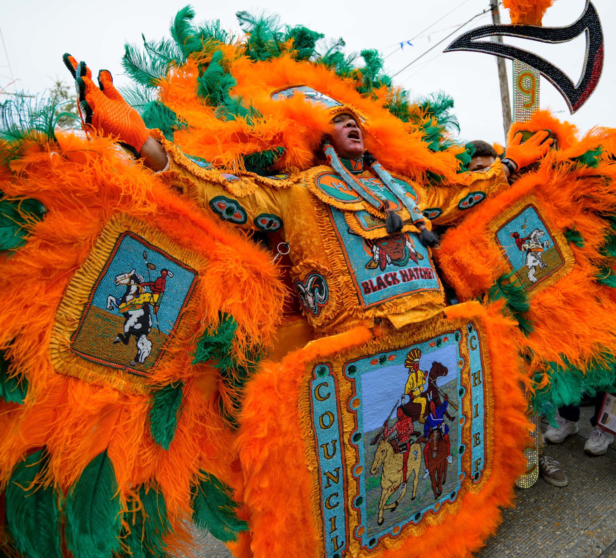 The 9th Ward Black Hatchet Mardi Gras Indians Council Chief opens up by A.L. Davis park on Super Sunday, March 17, 2019, in New Orleans, La. Photo by Matthew Hinton