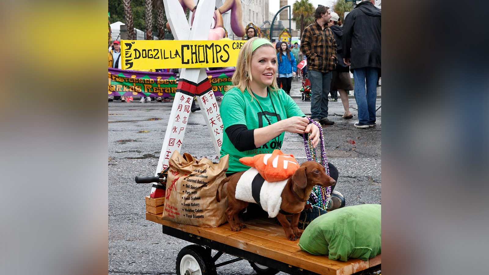 : A krewe member and their human escort march with The Mystic Krewe of Barkus, a non-profit organization that supports animal welfare groups on February 23, 2014 in New Orleans, Louisiana. DOGZILLA - Barkus Licks the Crescent City was the theme of the 22nd Mystic Krewe of Barkus Parade. (Photo by Monica McKlinski/Getty Images)