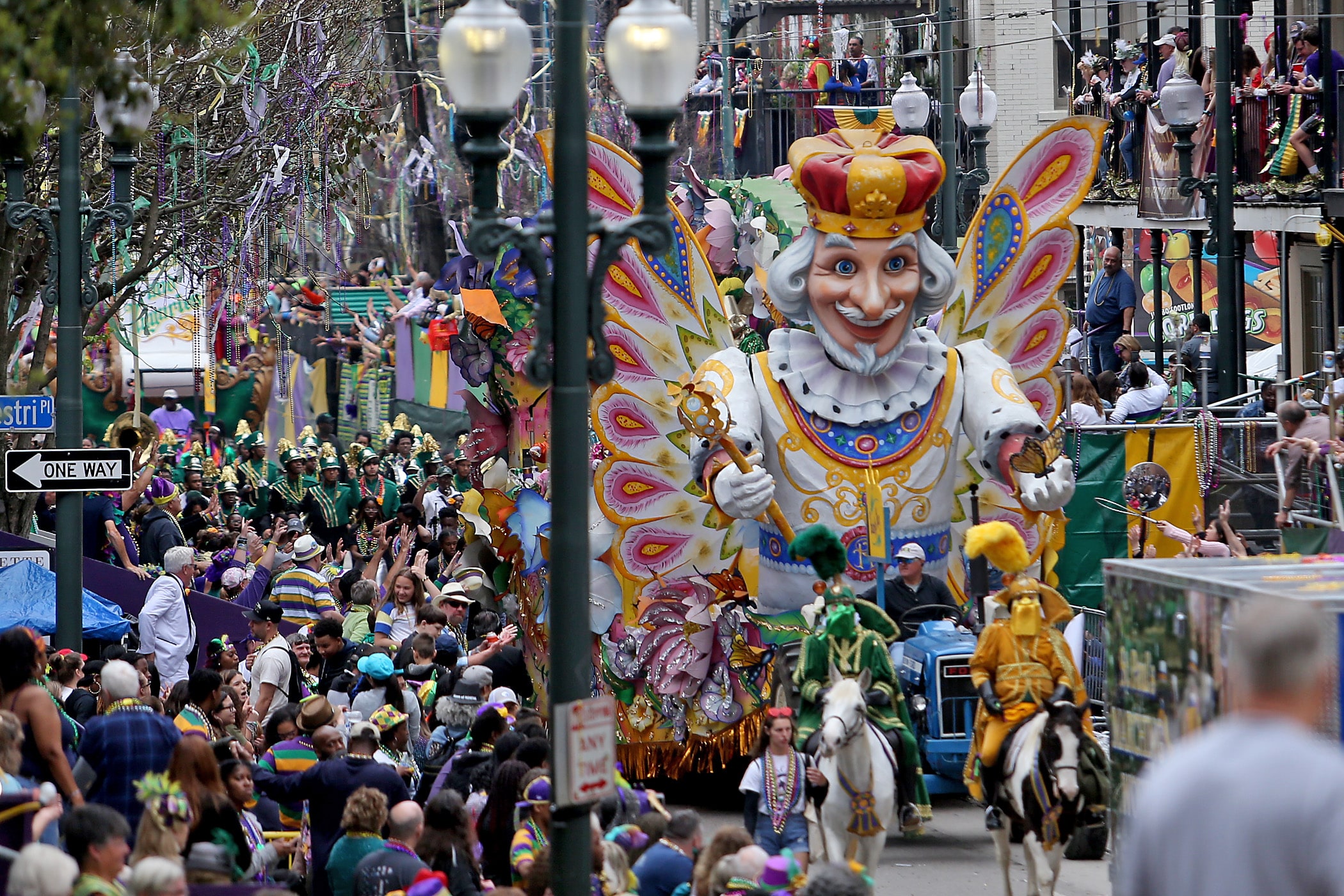 The Butterfly King float rolls on St. Charles Avenue as the 440 riders of Rex, King of Carnival, roll down the Uptown route on 26 floats with their 139th parade entitled “Omens and Auguries” on Mardi Gras Day, 2020. (Photo by Michael DeMocker)