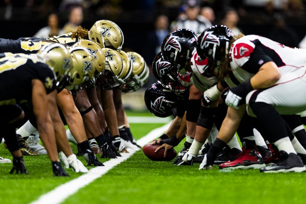 NEW ORLEANS, LA - NOVEMBER 22: New Orleans Saints defense and Atlanta Falcons offense at the line of scrimmage before an extra point attempt during the NFL regular season football game on Thursday, Nov, 22, 2018 at Mercedes-Benz Superdome in New Orleans, LA. (Photo by Ric Tapia/Icon Sportswire via Getty Images)
