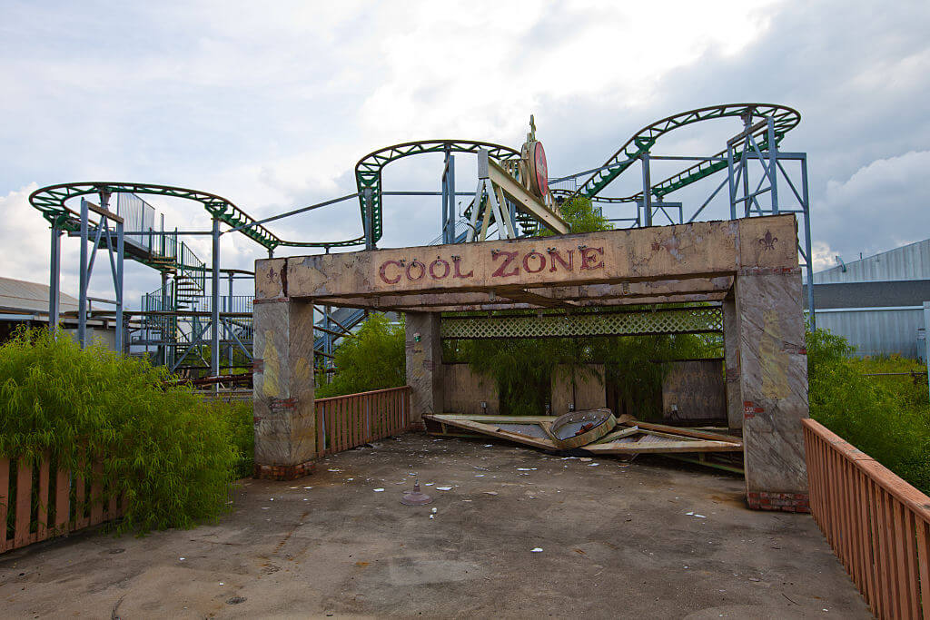 Abandoned rides at the Six Flags New Orleans amusement park in Eastern New Orleans, Louisiana, has remained closed since Hurricane Katrina in 2005. The remains of the park are on low lying land, owned by the city of New Orleans, and have not be redeveloped since Katrina. (Photo by Julie Dermansky/Corbis via Getty Images)