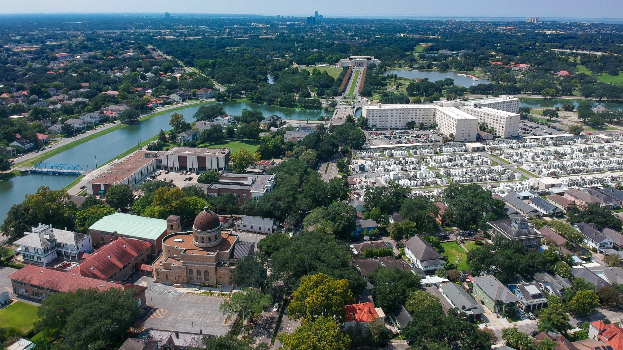 view looking down Esplanade Avenue toward City Park and the New Orleans Museum of Art (NOMA). Drone photograph by Megan Mackel for Very Local New Orleans.