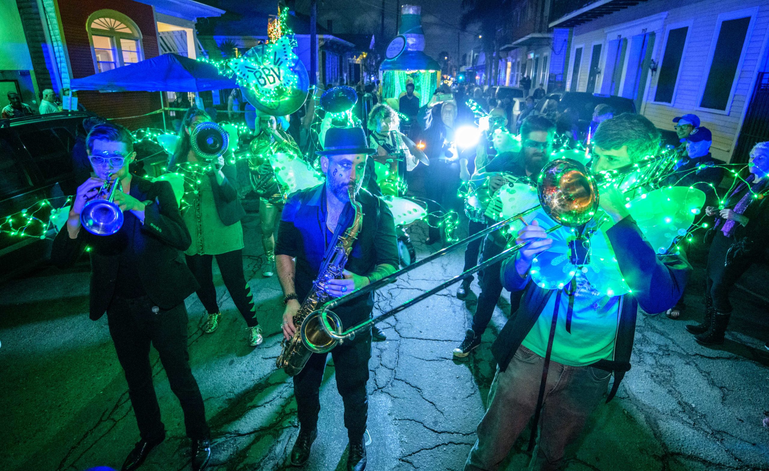 The first Krewe Bohème parades through the Marigny and continued through the French Quarter in New Orleans, La. Friday, Feb. 15, 2019. The procession is led by a symbol of the bohemian spirit, a green absinthe fairy, followed by several inner krewe marching clubs including: the Krewe of Goddesses, the Merry Antoinettes, Krewe of R.U.M. (Really Unsophisticated Men), Krewe of King James: The Super Bad Sex Machine, Krewe of Hellarious Wingnuts, Krewe of S.L.U.T.S. (Sexy Ladies Up to Something), Krewe What Thou Wilt, Les ReBelles, Flora &amp; Fauna, Skinz N Bonez, Dystopian Paradise, The Bayou Babes, Krewe D'Ensite, Krewe of Full Bush, Krewe de la Renaissance, Interrobang Parading Krewe, and Menage-a-Trike. Photo by Matthew Hinton