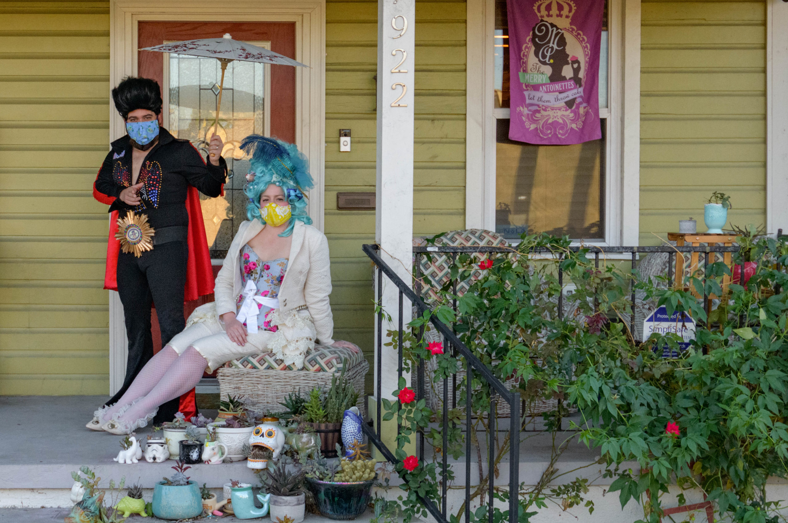 Caroline Parrone, right, of the Merry Antoinettes walking Krewe / Pleasure Club and her husband, Ben Maddocks, with the Krewe of Rolling Elvi are both working as essential employees during the coronavirus pandemic but are also using their free time to help out by making masks for people who have to work. Photo taken in New Orleans, Wednesday, April 1, 2020, by Matthew Hinton