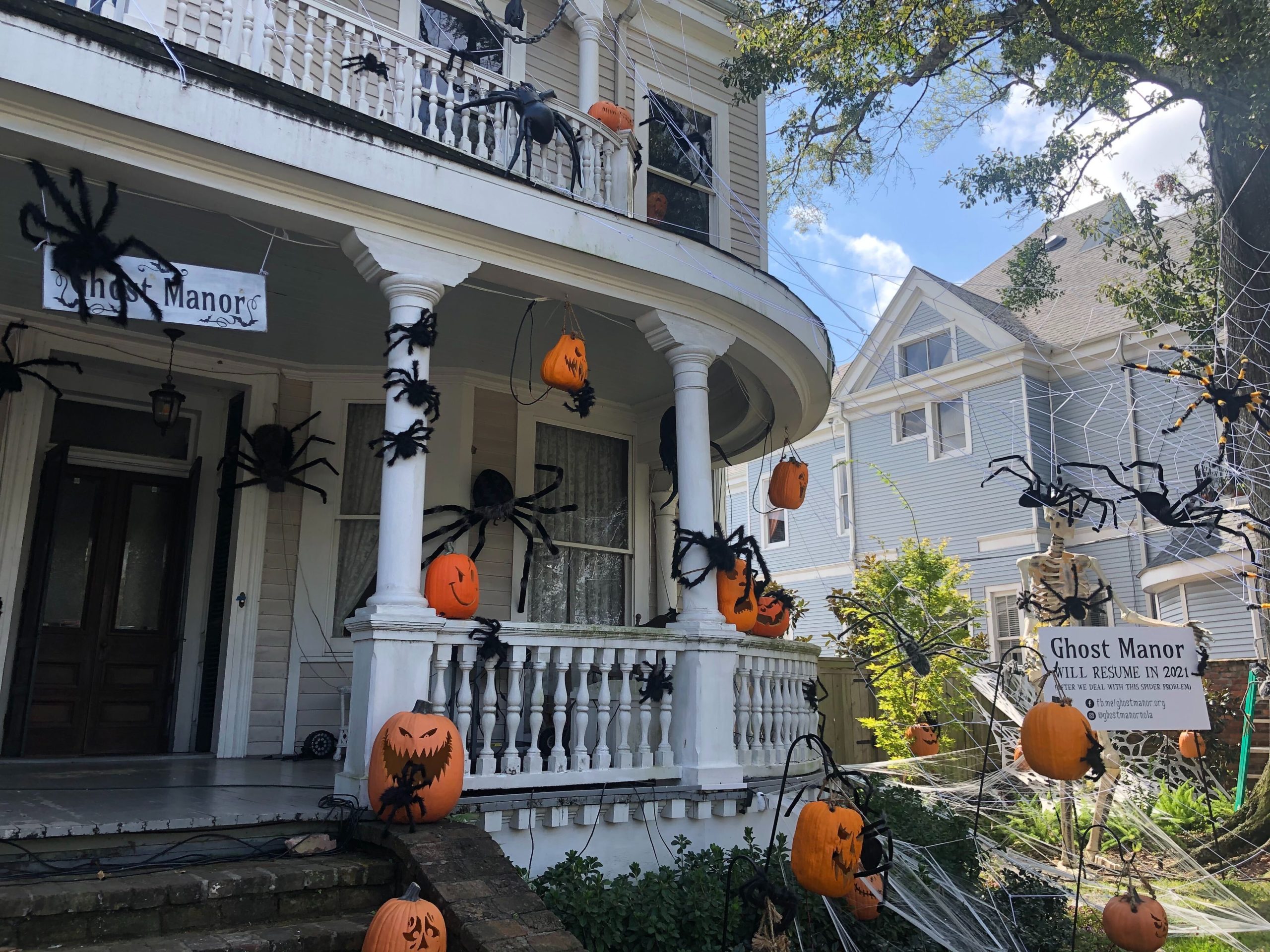 The Ghost Manor on Magazine Street decorated its house with giant spiders in lieu of its traditional light and animatronic show as to not attract large crowds during the COVID-19 Pandemic. 
Photo: Clint Durrett