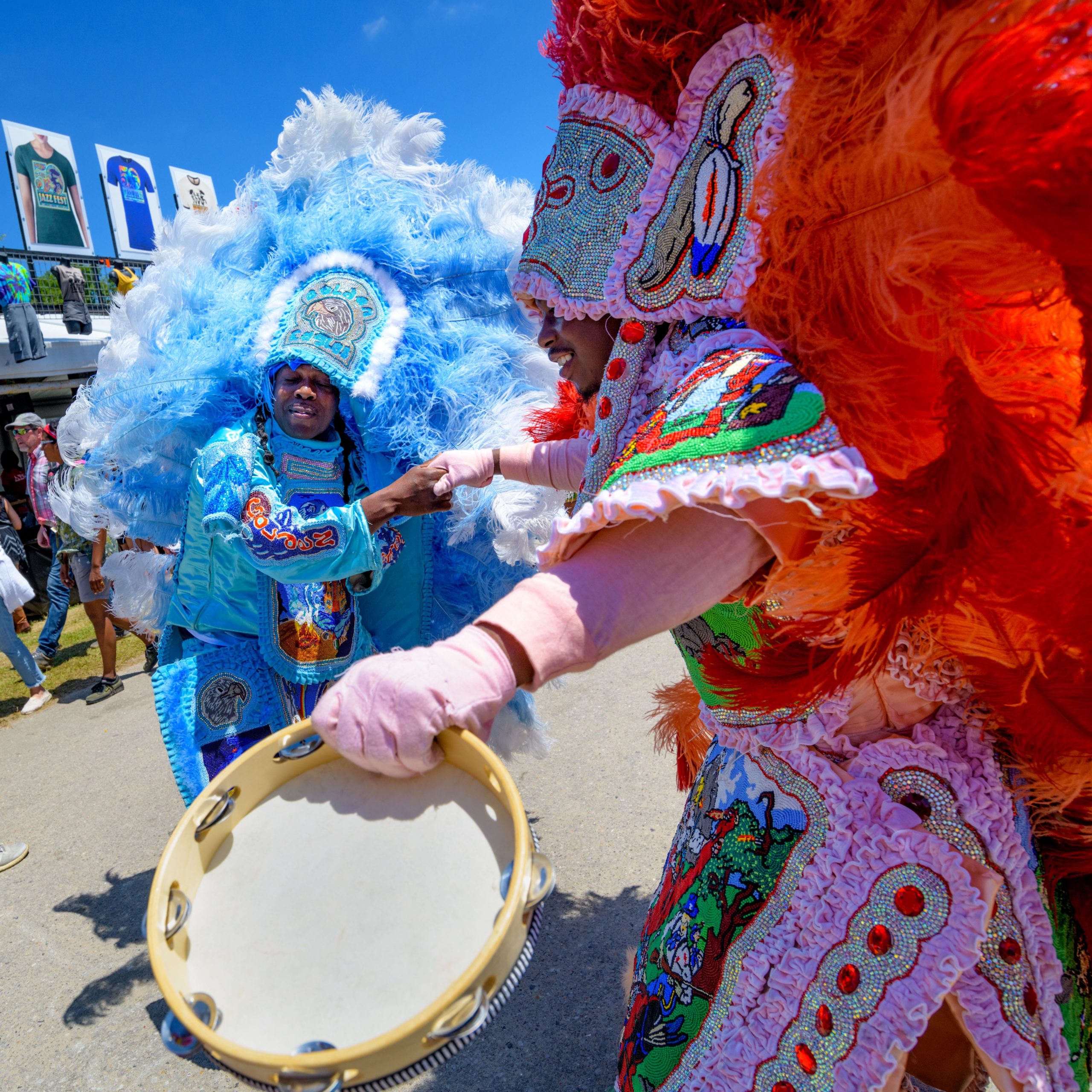 Big Chief Joseph Boudreaux, Jr. and the Young Golden Eagles parade during the 50th New Orleans Jazz and Heritage Festival at the Fair Grounds in New Orleans, La. Sunday, April 28, 2019. Photo by Matthew Hinton