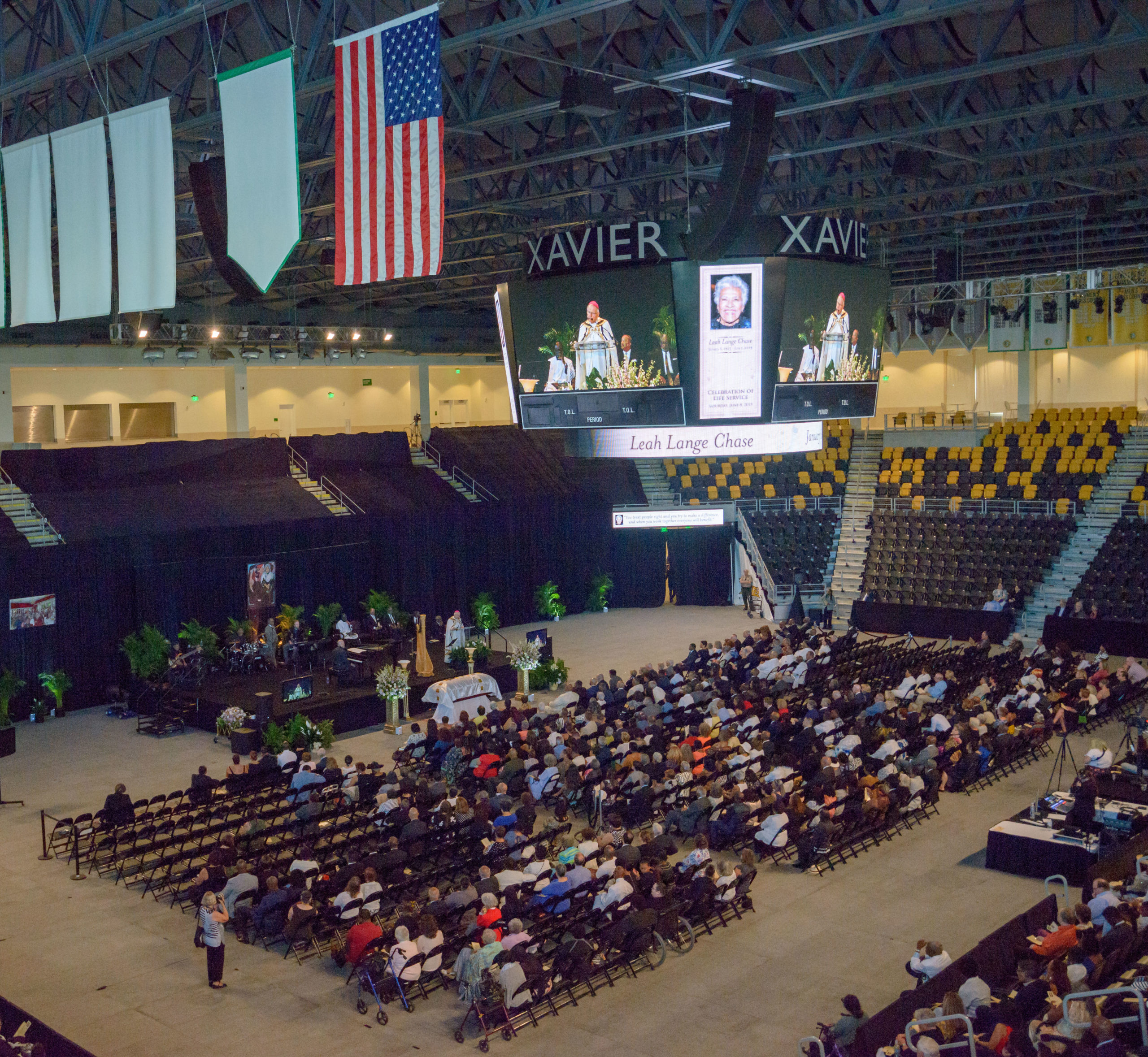 New Orleans Archbishop Gregory Aymond speaks by the casket of Chef Leah Chase during Celebration of Life Service at the Xavier University Convocation Center in New Orleans, La. Saturday, June 8, 2019. The Queen of Creole Cuisine at Dooky Chase's Restaurant passed away last Saturday June 1st at the age of 96. She served two U.S. presidents and also Freedom Riders during the Civil Rights area and the restaurant she ran with her husband, Dooky Chase, Jr., served as a meeting place for African-American politicians for decades. Photo by Matthew Hinton