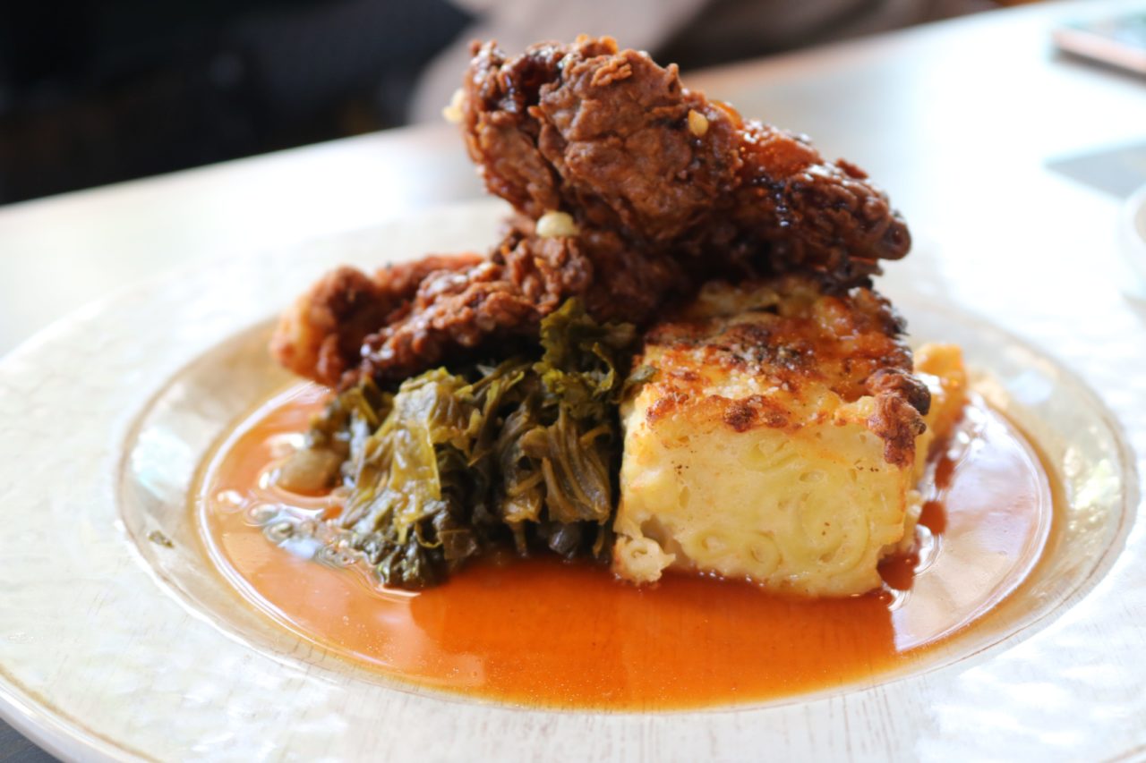 Bourbon Fried Chicken Thighs with Smoked Collard Greens, Mac-N-Cheese