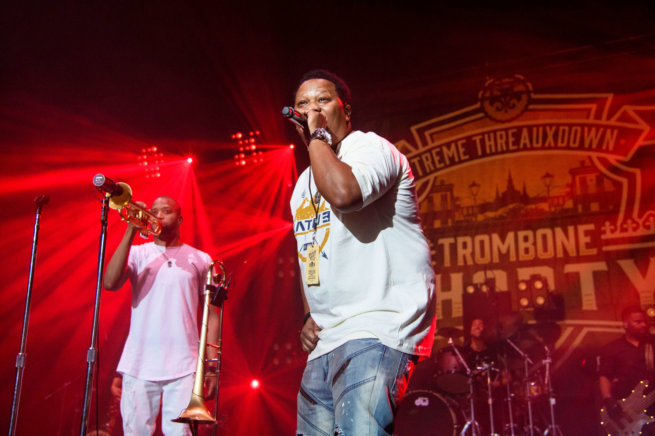 NEW ORLEANS, LA - APRIL 28:  Troy Andrews (L) and Mannie Fresh perform during Trombone Shorty's Treme Threauxdown at Saenger Theatre on April 28, 2018 in New Orleans, Louisiana.  (Photo by Erika Goldring/Getty Images)