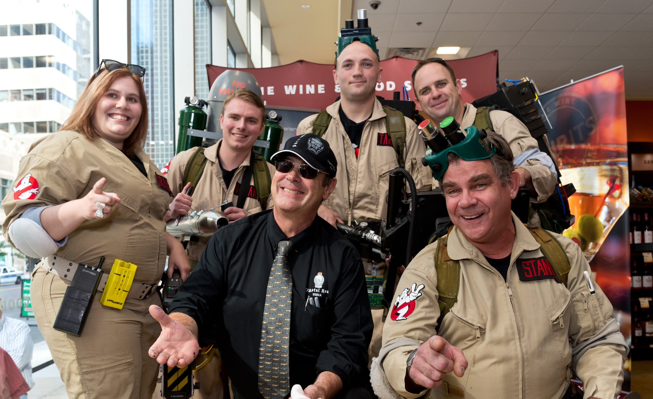 PHILADELPHIA, PA - SEPTEMBER 20:  Actor Dan Aykroyd (C) poses with Philadelphia Ghostbusters club members during Dan Aykroyd Crystal Head Vodka Event at Philadelphia Fine Wine &amp; Good Spirits Store on September 20, 2013 in Philadelphia, Pennsylvania.  (Photo by Gilbert Carrasquillo/FilmMagic)