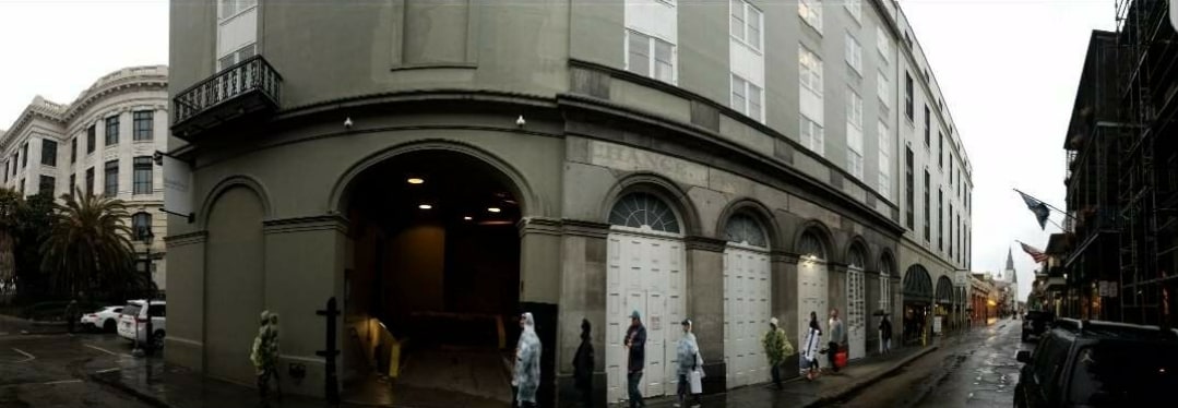 On the Royal Street side of the Omni Royal Orleans -- the former Exchange Hotel. A portion of the word, "Exchange" is still visible over the closest white door in this photograph.