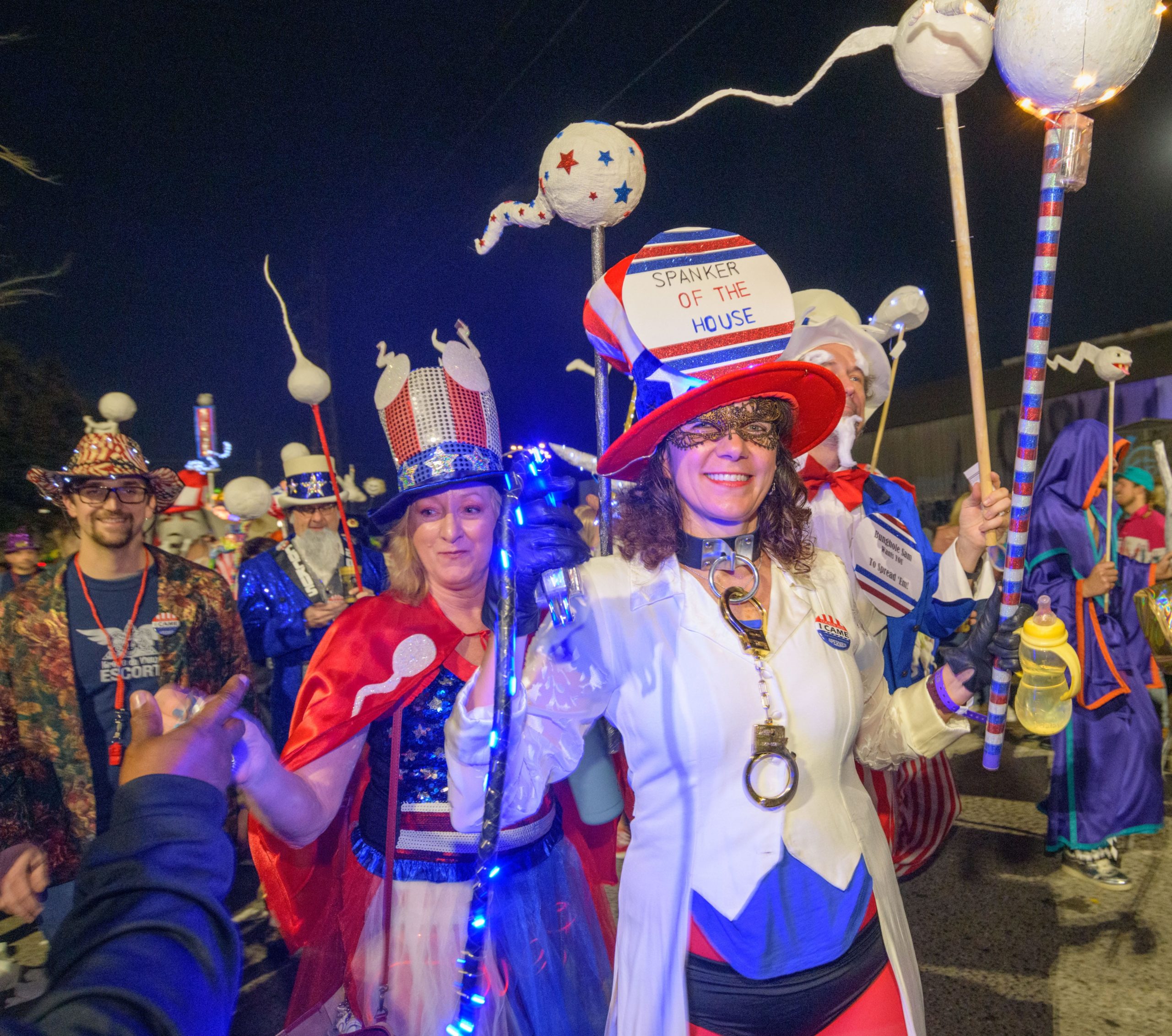 Harry Shearer reigns again as King Plenipotentiary; Captain of New Orleans for Krewedelusion’s "Hard Rock the Boat" theme, while Krewe du Vieux kicks of the election season with the theme "Erection 2020" and Queen B.B. St. Roman, of the#NOPD Homeless assistance unit. The Krewe du Vieux parody parade skewers political figures and pop-culture and is often NSFW (Not Safe For Work). The parade starts in the Bywater before heading through the Marigny and French Quarter. Sub-krewes include the Krewe of C.R.U.D.E., Krewe of Space Age Love, Krewe of Underwear, Seeds of Decline, Krewe of Mama Roux, Krewe of L.E.W.D., Krewe of Drips and Dis- charges, Krewe of K.A.O.S., Knights of Mondu, T.O.K.I.N., Krewe Rue Bourbon, Krewe de C.R.A.P.S., Mystic Krewe of Spermes, Mystic Krewe of Comatose, Mystic Krewe of Inane, Krewe du Mishigas and Krewe of SPANK. Krewedelusion featured The Laissez Boys of New Orleans shall serve as the King Plenipotentiary’s Royal Honor Guard;and the enlightened participants in the procession comprise krewedelusion’s Innerkrewes: The AlKreweists; Krewe of Bananas; Krewe de Mayahuel; Krewe du Jieux; The Baby Dolls; Krewe de Libertas; Her Royal Heinie; The Pony Girls; Krewe du Moi; Krewe du Fool; Krewe du Sue; The L Train Brass Band Krewe; … and Boleyns; Krewe de Seuss and the interactive recycling Krewe: The Trashformers! Photo by Matthew Hinton