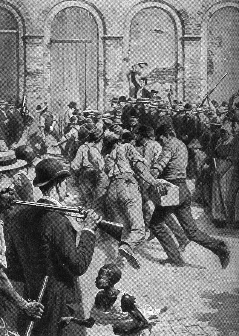 An angry mob breaks down the tour to the parish prison before lynching the Italians they believed were responsible for the murder of police chief David Hennessy. From E. Benjamin Andrews’ “History of the United States.” Courtesy of Wikipedia.
