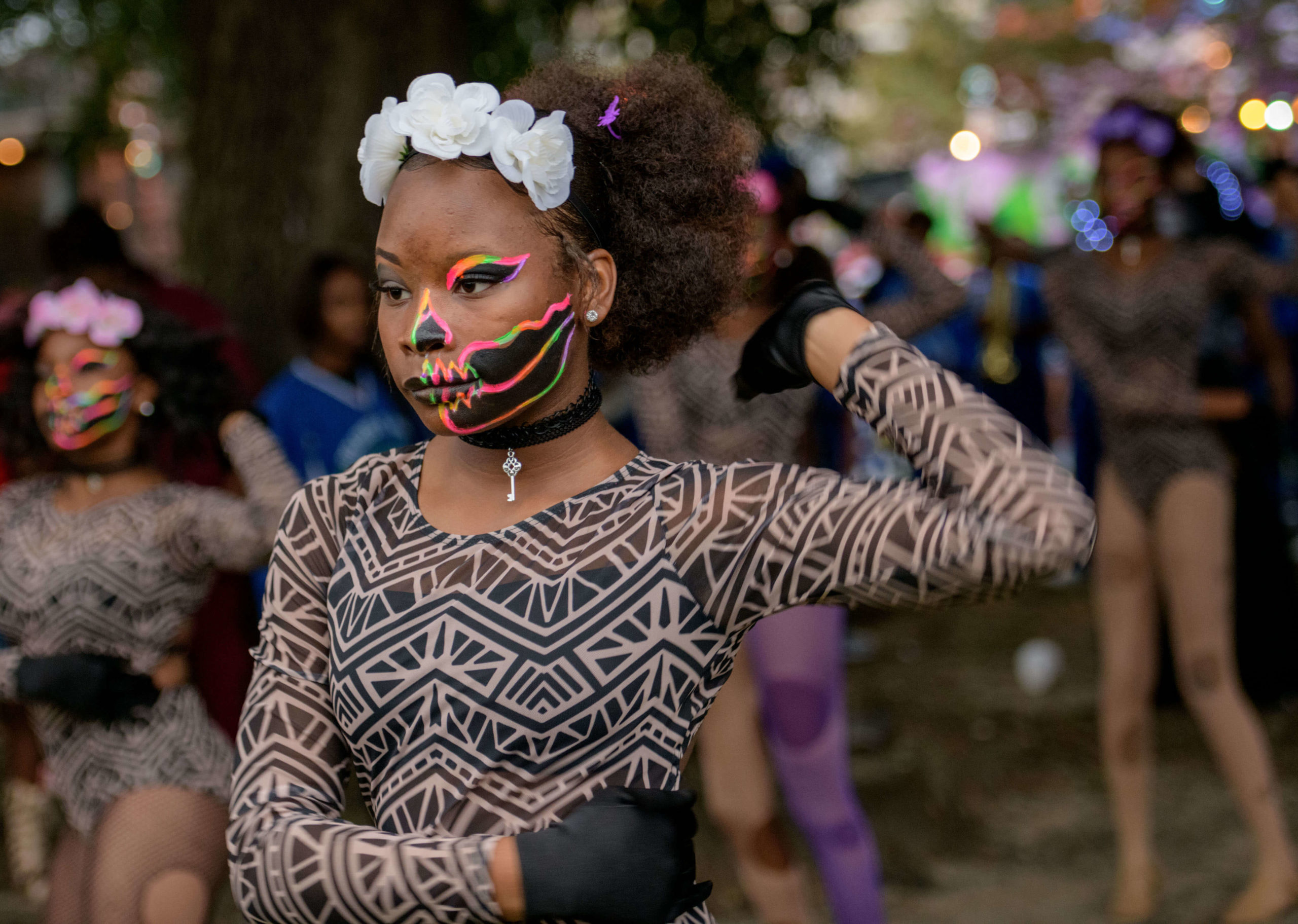 Members of the SciTech Academy dance team perform during the Krewe of Boo Parade in the French Quarter in New Orleans, La. Saturday, Oct. 20, 2018. Photo by Matthew Hinton