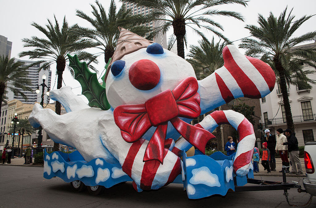 Mr Bingle snowman float in the sixth annual Krewe of Jingl New Orleans Christmas Parade. New Orleans has become one of the top tourist holiday destinations in the America. (Photo by Julie Dermansky/Corbis via Getty Images)