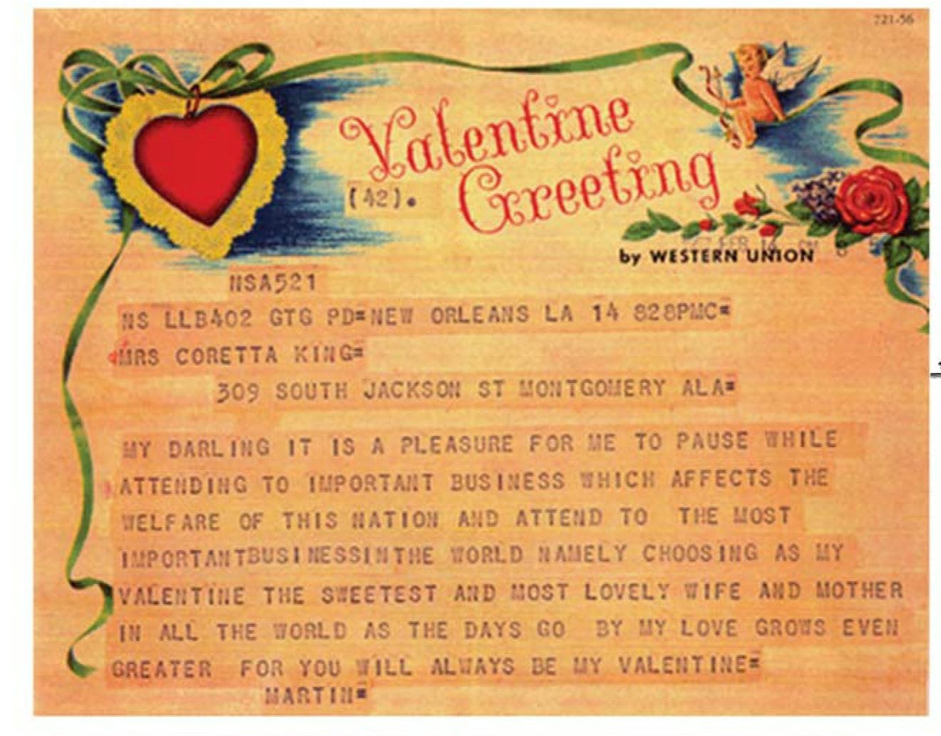 Copy of the Western Union message that Martin sent Coretta on Valentine’s Day in 1957. Photo courtesy of Felicity Redevelopment, Inc.