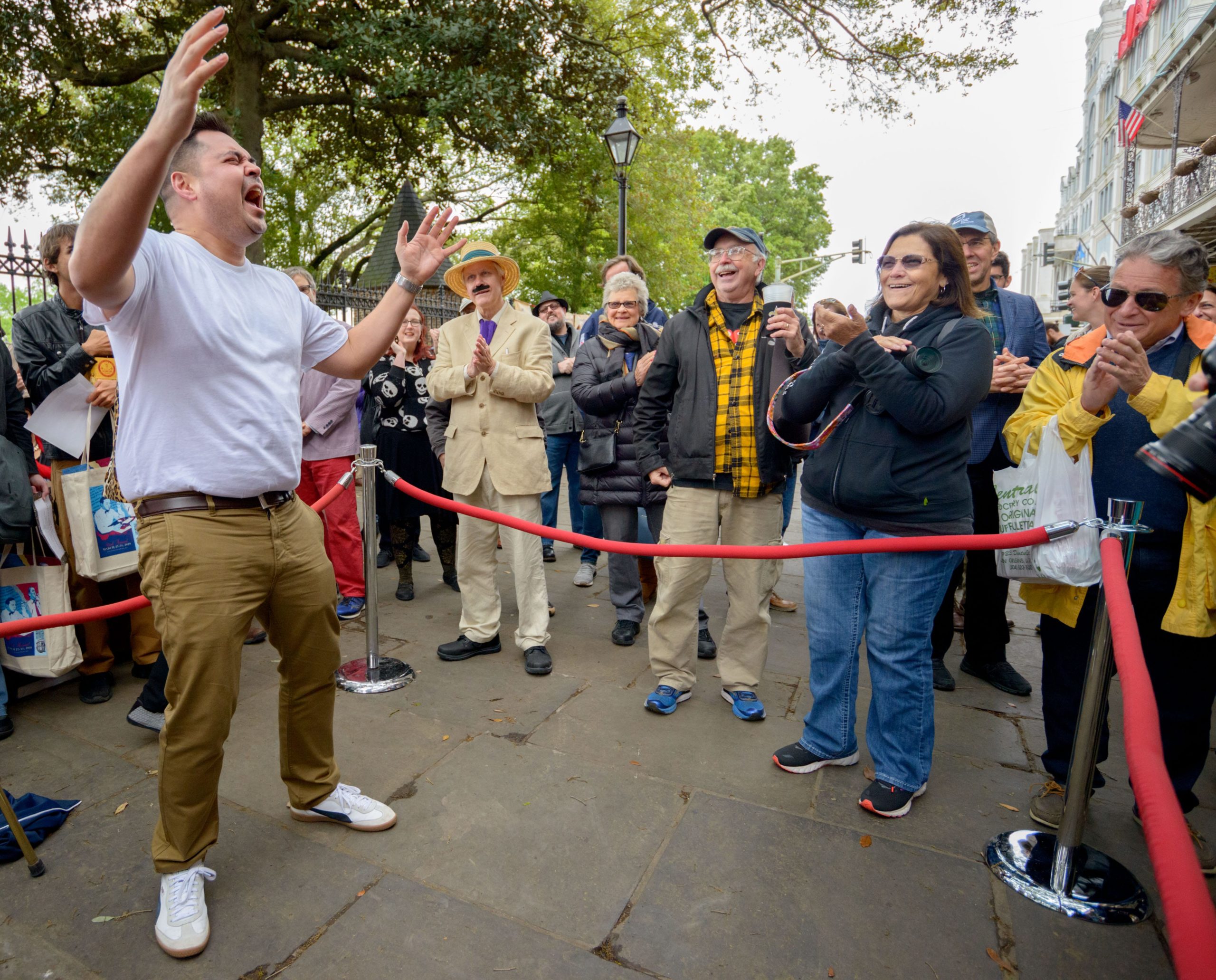 Contestants including overall  winner Nathan Raygor of Minneapolis, Minnesota participate in the Stella and Stanley Shouting Contest in Jackson Square in the French Quarter recreating the scene from the play 'A Streetcar Named Desire' set in New Orleans, which was made famous in the film adaptation starting Marlon Brando, to bring an end to the Tennessee Williams Festival /
New Orleans Literary Festival celebrating the work of the author in New Orleans, La. Sunday, March 31, 2019. Photo by Matthew Hinton
