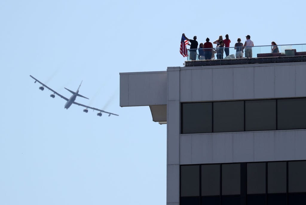 NEW ORLEANS, LOUISIANA - MAY 01: Two B-52 Bombers and two F-15 fighter jets fly over the University Medical Center on May 01, 2020 in New Orleans, Louisiana.  The flyover was done as a salute to first responders and hospital workers in some of the hardest hit areas of the coronavirus (COVID-19). (Photo by Chris Graythen/Getty Images)