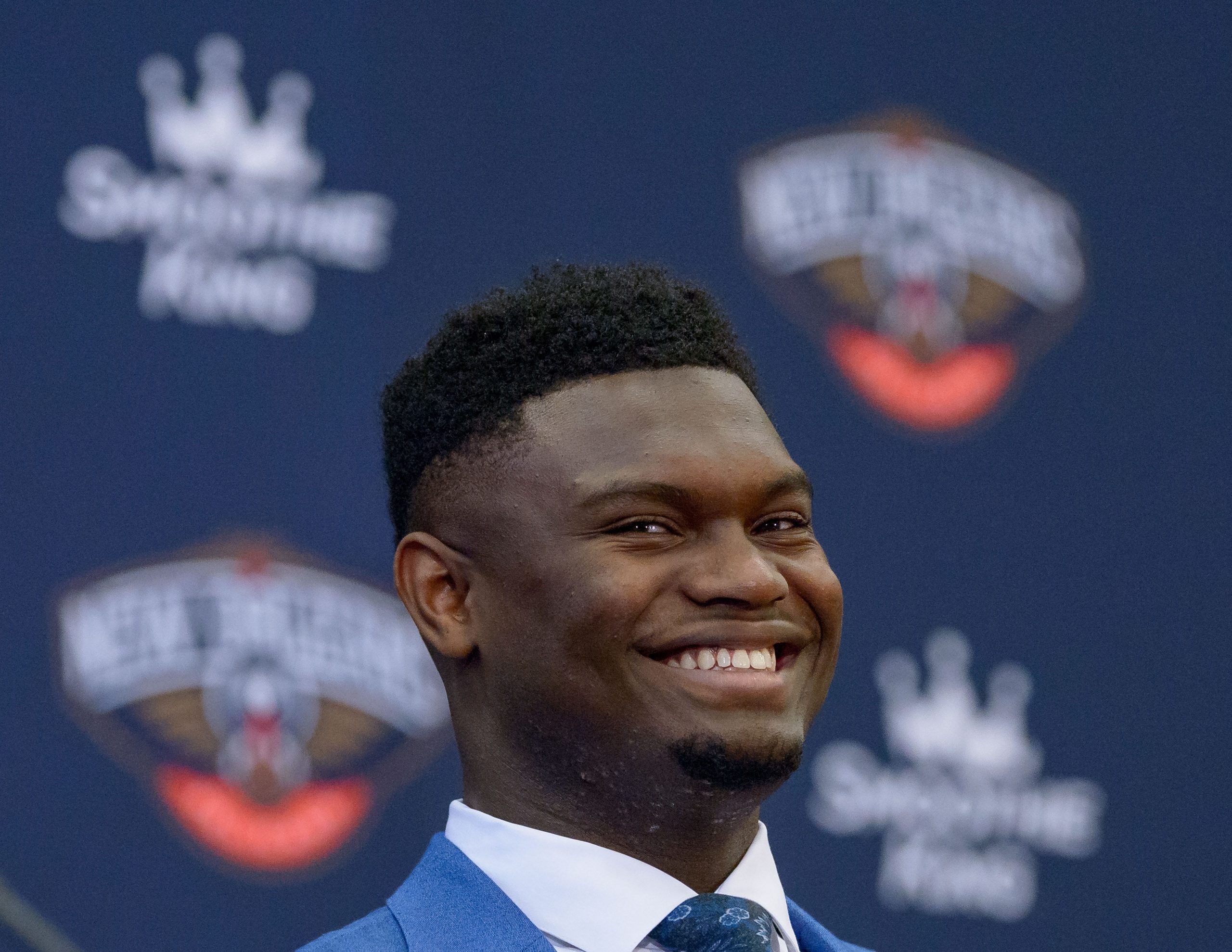 Power Forward Zion Williamson is introduced by Saints and Pelicans owner Gayle Benson, general manager David Griffin, and head coach Alvin Gentry at the New Orleans Pelicans training facility in Metairie, Louisiana Friday June 21, 2019 the first day of summer after being selected the first overall pick of the NBA Draft yesterday. Williamson who played for Duke is considered one of the most promising draft picks in years and will now carry the hopes of the franchise after the departure of Anthony Davis to the Lakers. Photo by Matthew Hinton