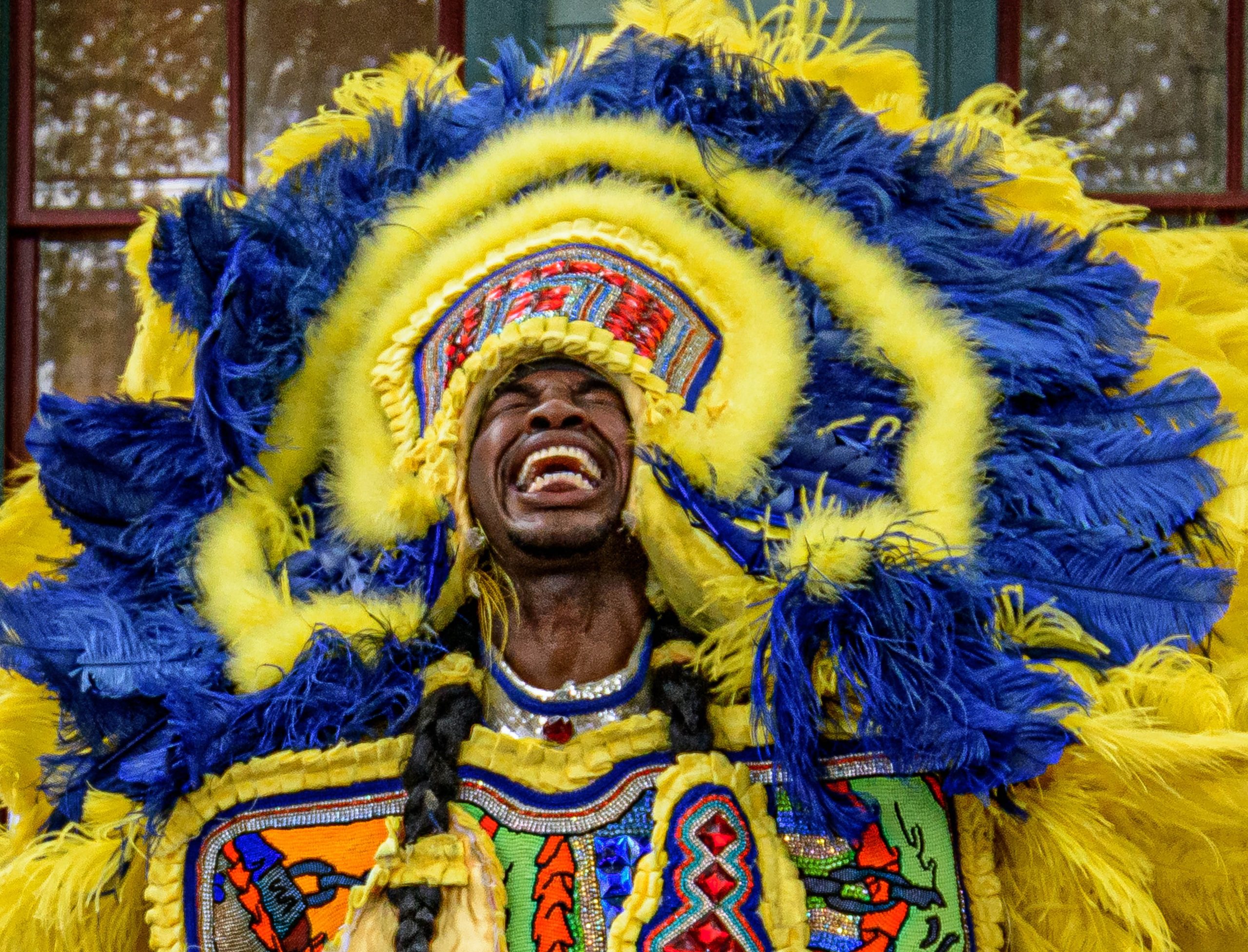 Golden Blades Flag Boy Dan Edwards attends the funeral of Mardi Gras Indian Big Chief Leonard Brooks Friday, March 13, 2020 in New Orleans. Photo by Matthew Hinton