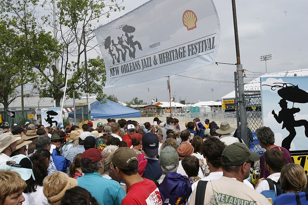 Fans line up an hour early at one of the entrances to JazzFest (Photo by Skip Bolen/WireImage)
