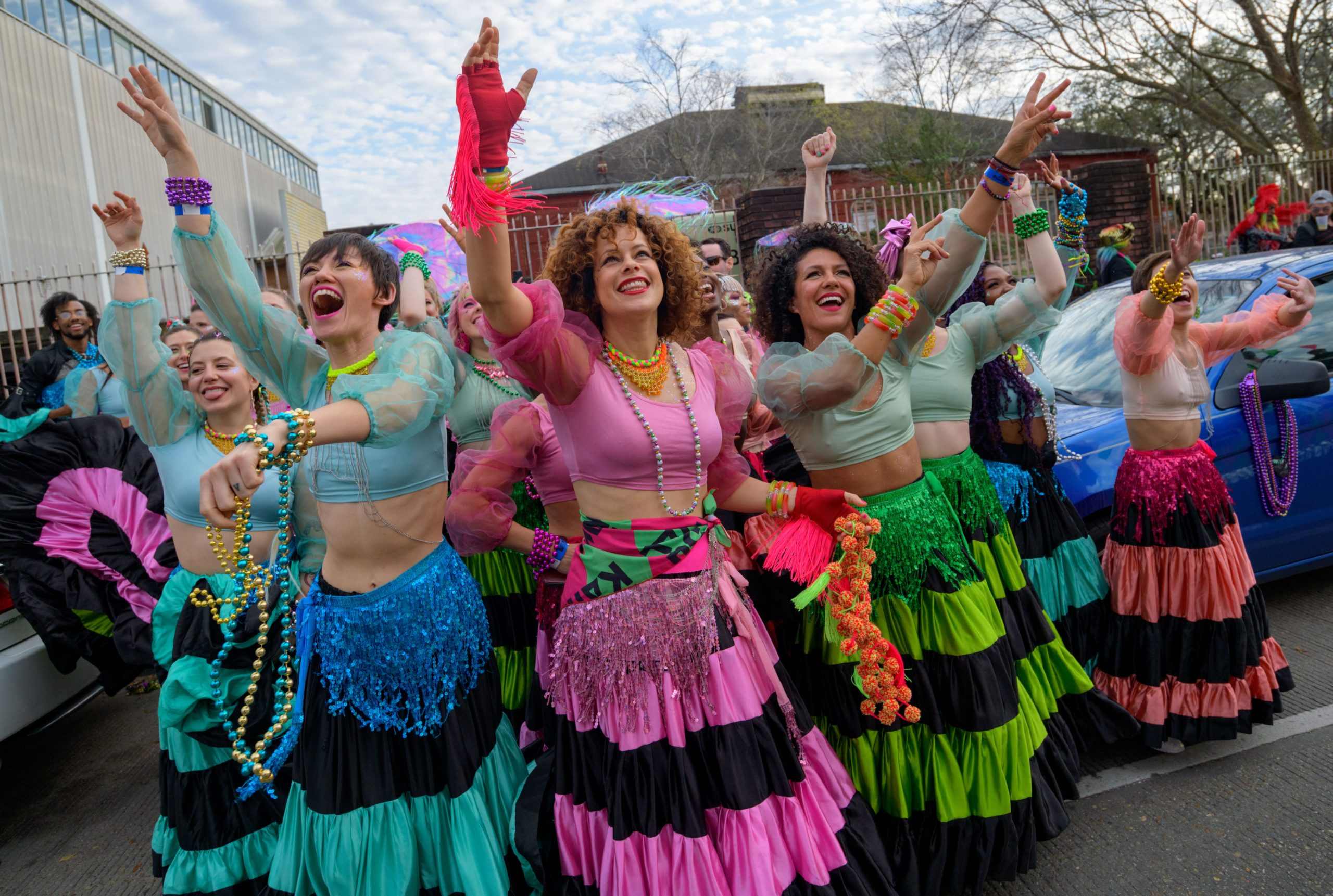 The Krewe of Freret included Krewe du Kanaval, a Haitian inspired collaboration between the band Arcade Fire and the Preservation Hall Jazz Band. Arcade Fire singer Regine Chassagne, center, is the daughter of Haitian parents who emigrated from Haiti and her band Arcade Fire help start the Haitian inspired Krewe du Kanaval
Photo by Matthew Hinton