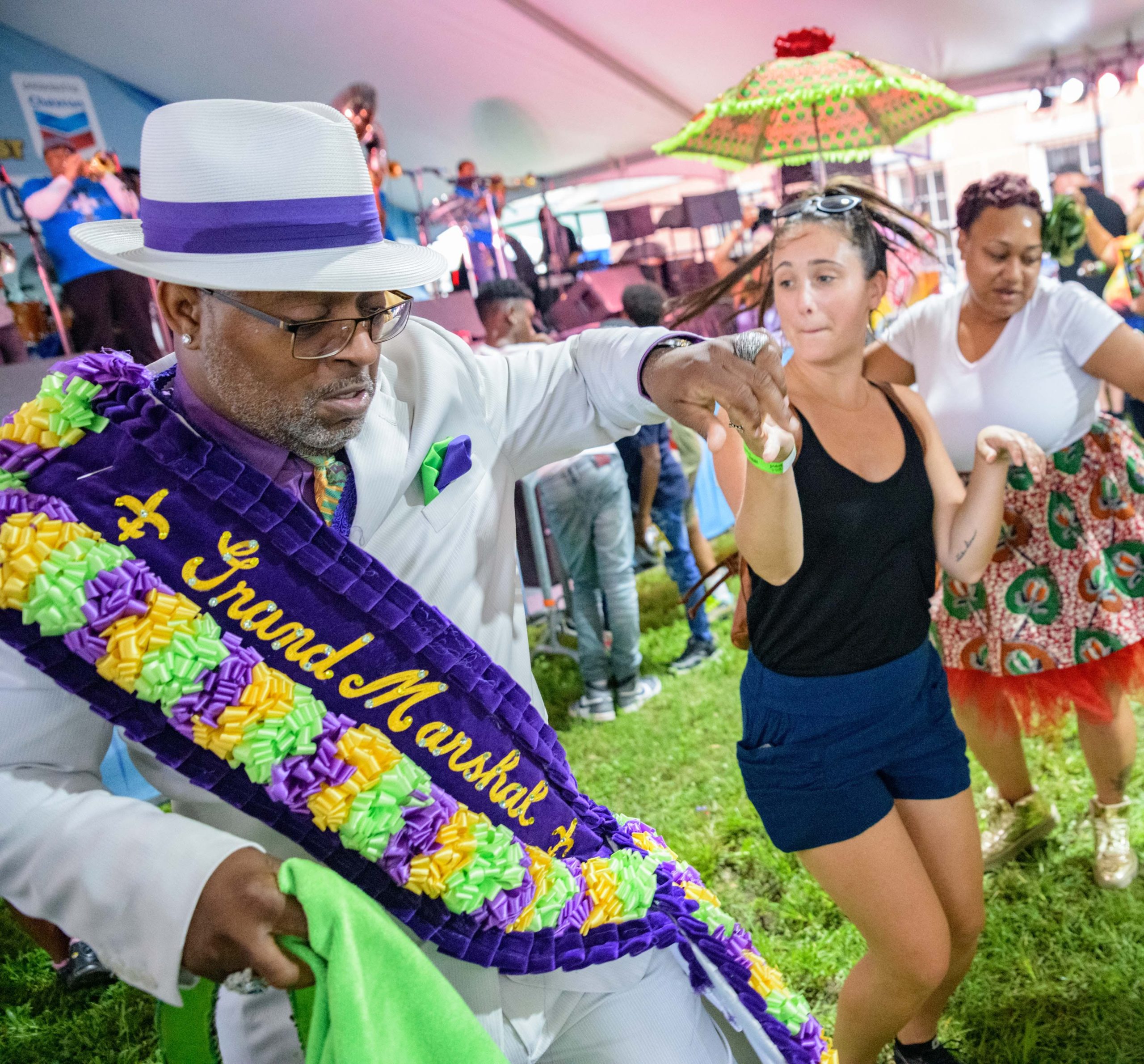 The Original Pinettes Brass Band performs on the GE Stage at Satchmo SummerFest at the U.S. Mint in New Orleans, Friday, August 2, 2019. The weekend festival from August 2nd-4th honors the birthday of famed New Orleans trumpeter and entertainer Louis Pops Armstrong on August 4, 1901, also known as Satchmo. Armstrong was nicknamed Satchel Mouth  because of his large mouth and later when traveling abroad his nickname was supposedly shortened to Satchmo, though the nickname has other possible origins.