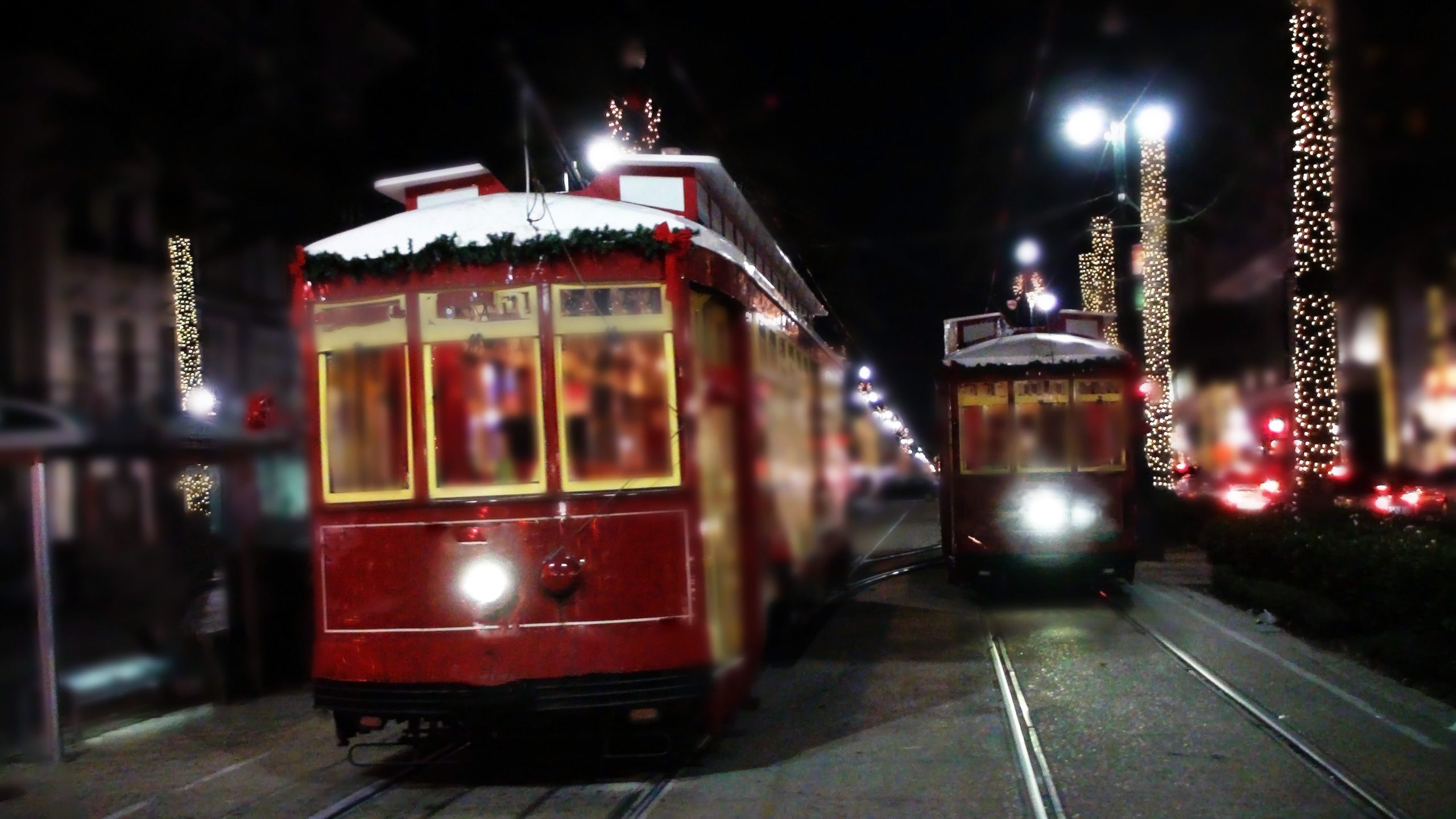 New Orleans Cable Car With Christmas Decorations in The Night,Photographed in The Month Of December 2014 in Louisiana,United States Of America.