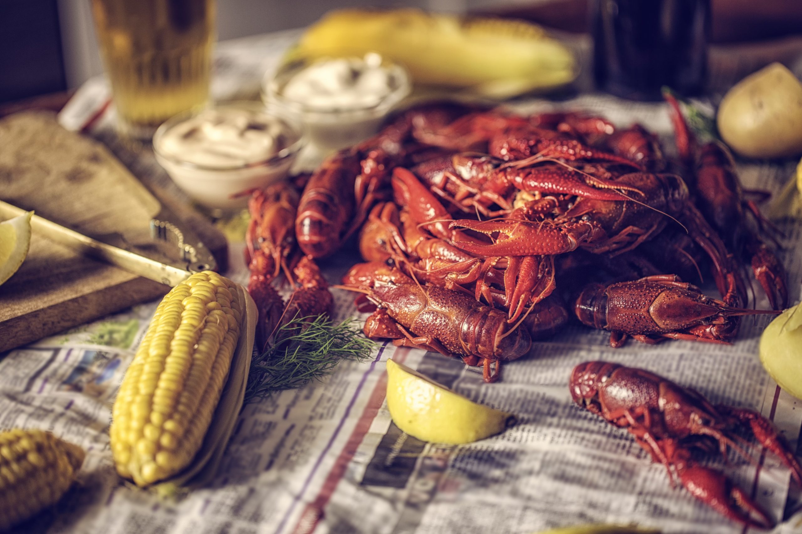 Delicious Boiled Red Crayfish with Sweet Corn and Potatoes