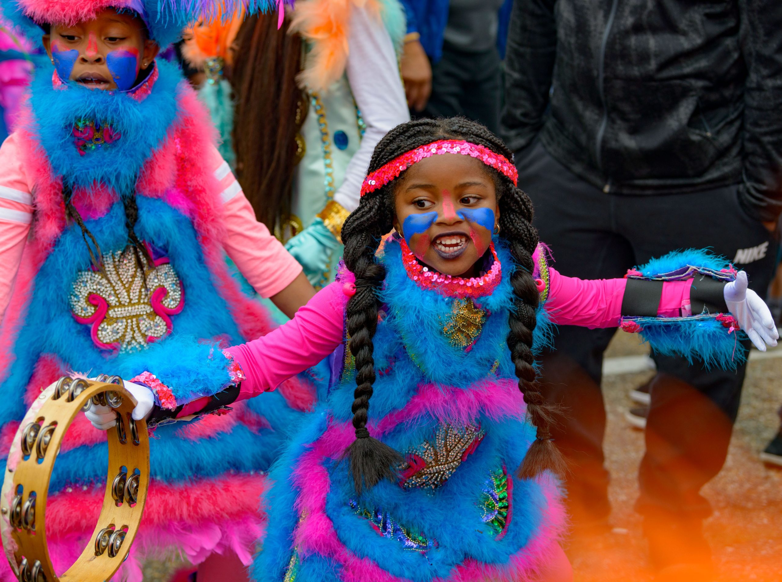 The Mohawk Hunters Mardi Gras Indians are one of the larger gangs or tribes seen on Super Sunday, March 17, 2019, in New Orleans, La. Photo by Matthew Hinton