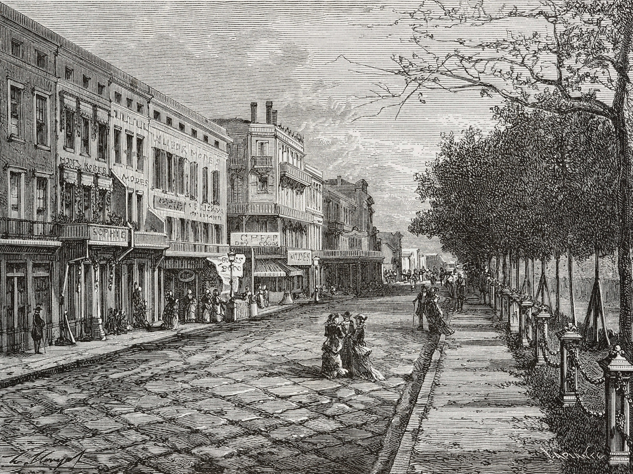 Canal Street in New Orleans, United States of America, drawing by Hubert Clerget (1818-1899) from a photograph, from The White Conquest, 1875, by William Hepworth Dixon (1821-1879), from Il Giro del mondo (World Tour), Journal of geography, travel and costumes, Volume IV, Issue 20, October 12, 1876.